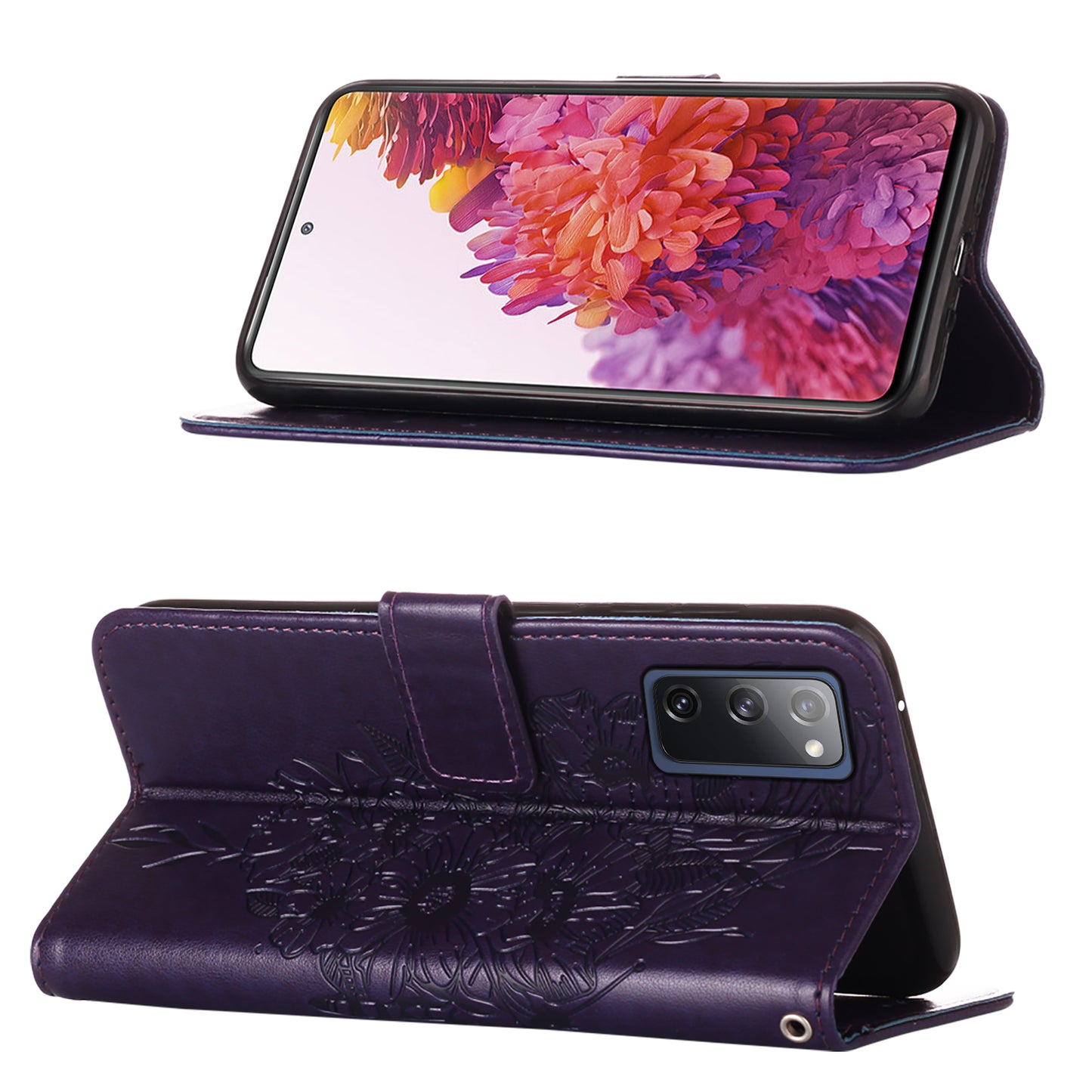 Imprint Butterflies Flower Wallet Stand Leather Case for Samsung Galaxy S20 FE 4G/FE 5G/S20 Lite/S20 FE 2022 - Dark Purple