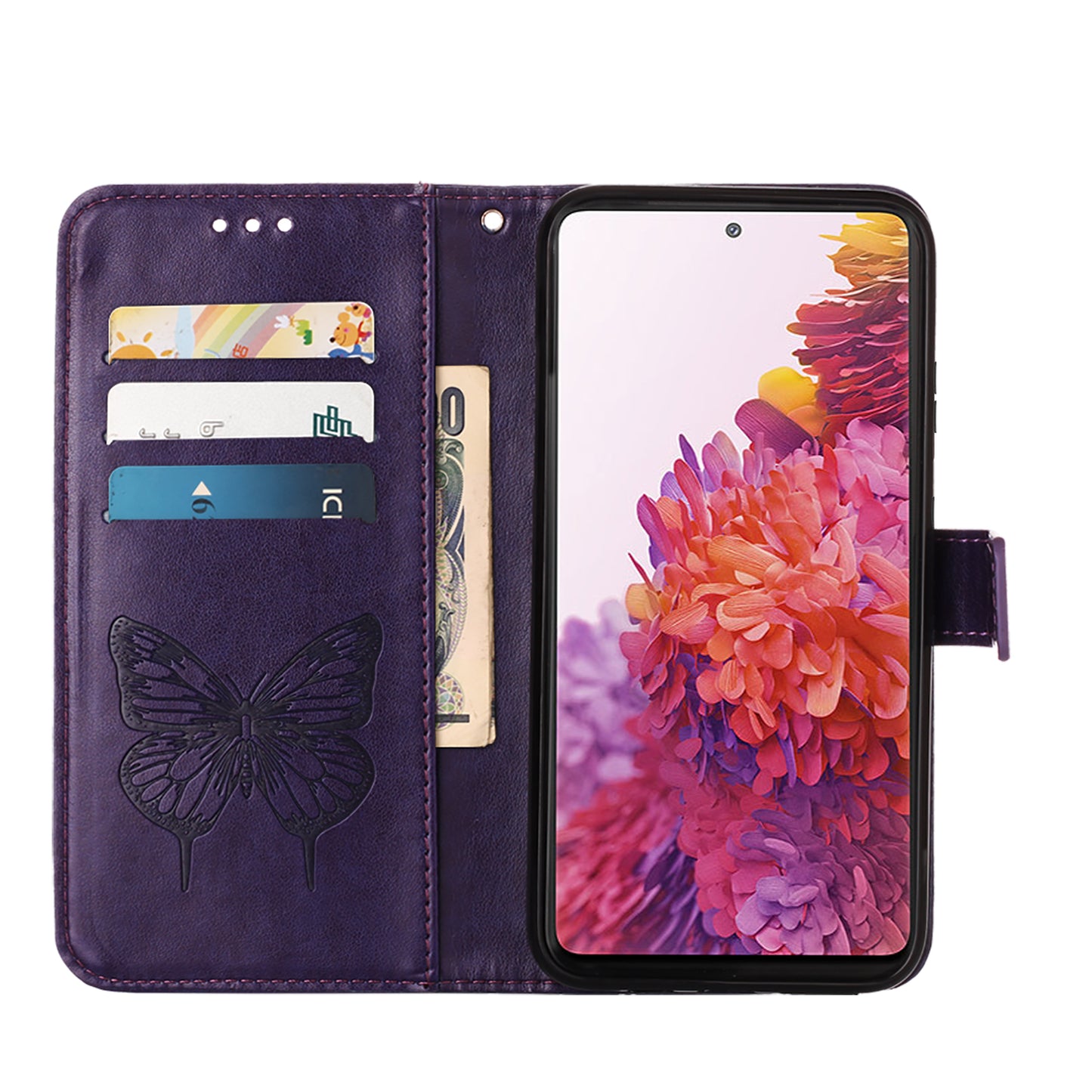 Imprint Butterflies Flower Wallet Stand Leather Case for Samsung Galaxy S20 FE 4G/FE 5G/S20 Lite/S20 FE 2022 - Dark Purple