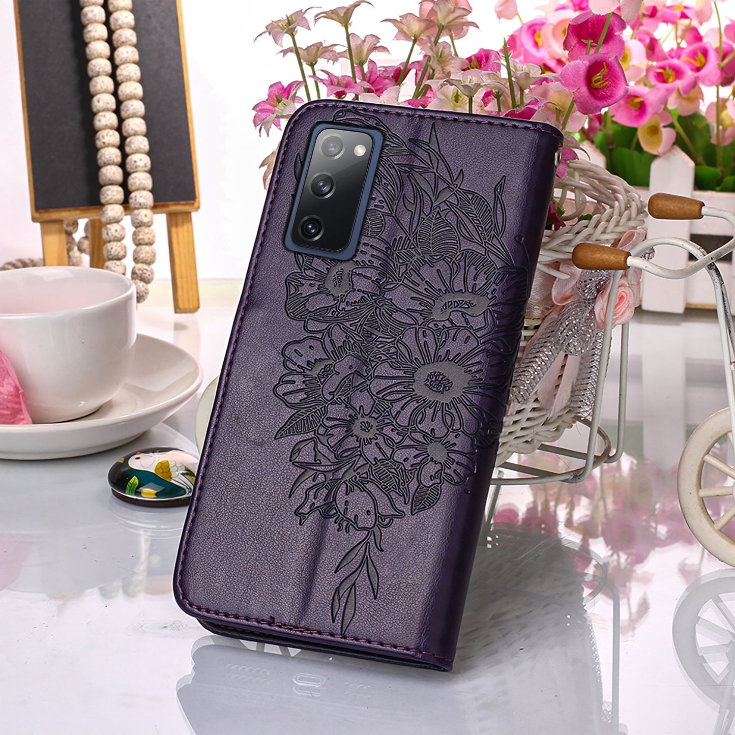 Imprint Butterflies Flower Wallet Stand Leather Case for Samsung Galaxy S20 FE 4G/FE 5G/S20 Lite/S20 FE 2022 - Dark Purple
