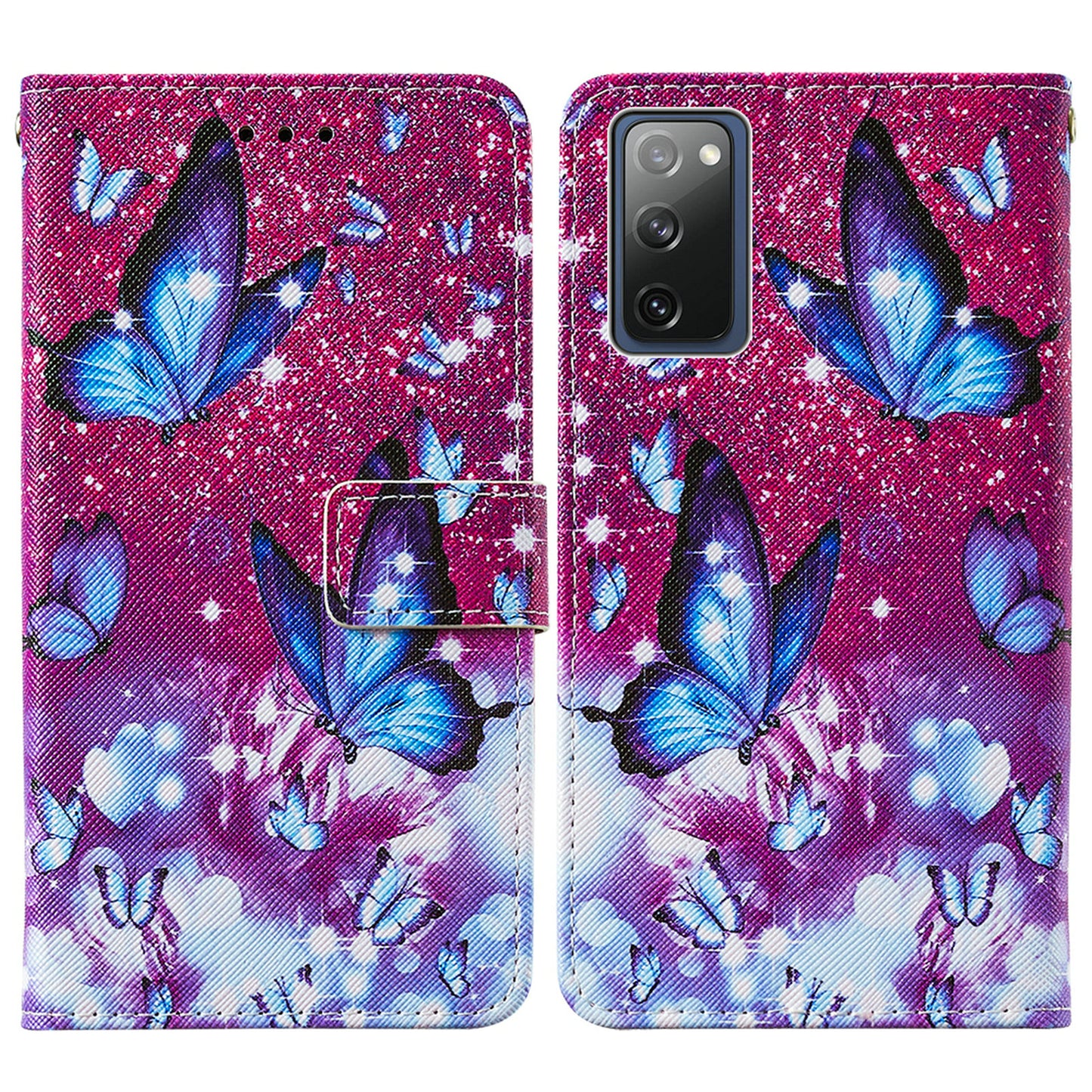 Cross Texture Pattern Printing Flip Leather Wallet Stand Cover for Samsung Galaxy S20 FE 4G/FE 5G/S20 Lite/S20 FE 2022 - Blue Butterfly