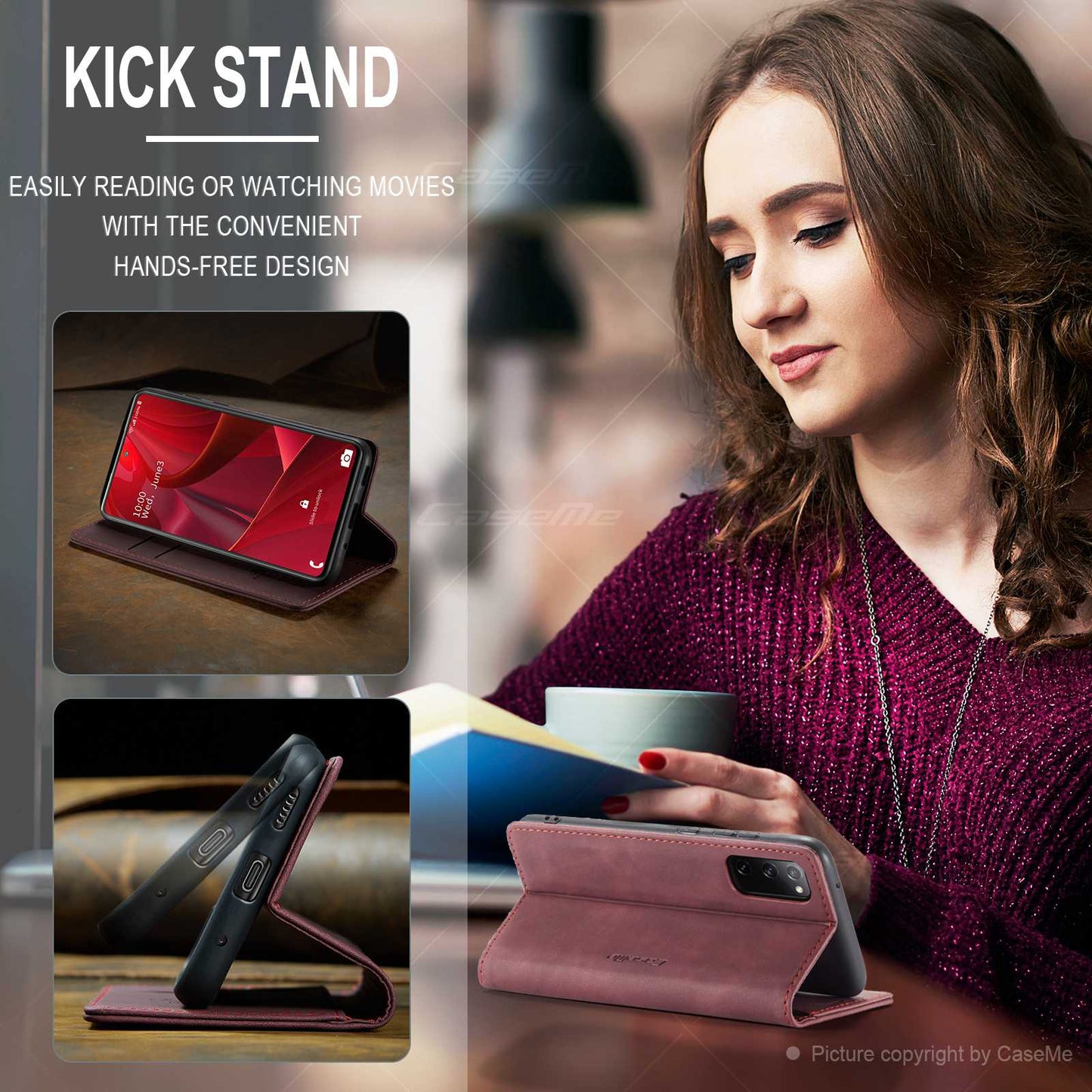 CASEME 013 Series Auto-absorbed Leather Folio Flip Stand Wallet Case for Samsung Galaxy S20 FE 4G/FE 5G/S20 Lite/S20 FE 2022/S20 FE 2022 - Red