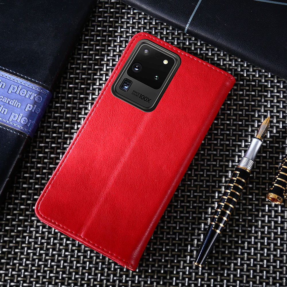 Leather Wallet Phone Case without Magnetic Buckle for Samsung Galaxy S20 Ultra - Red