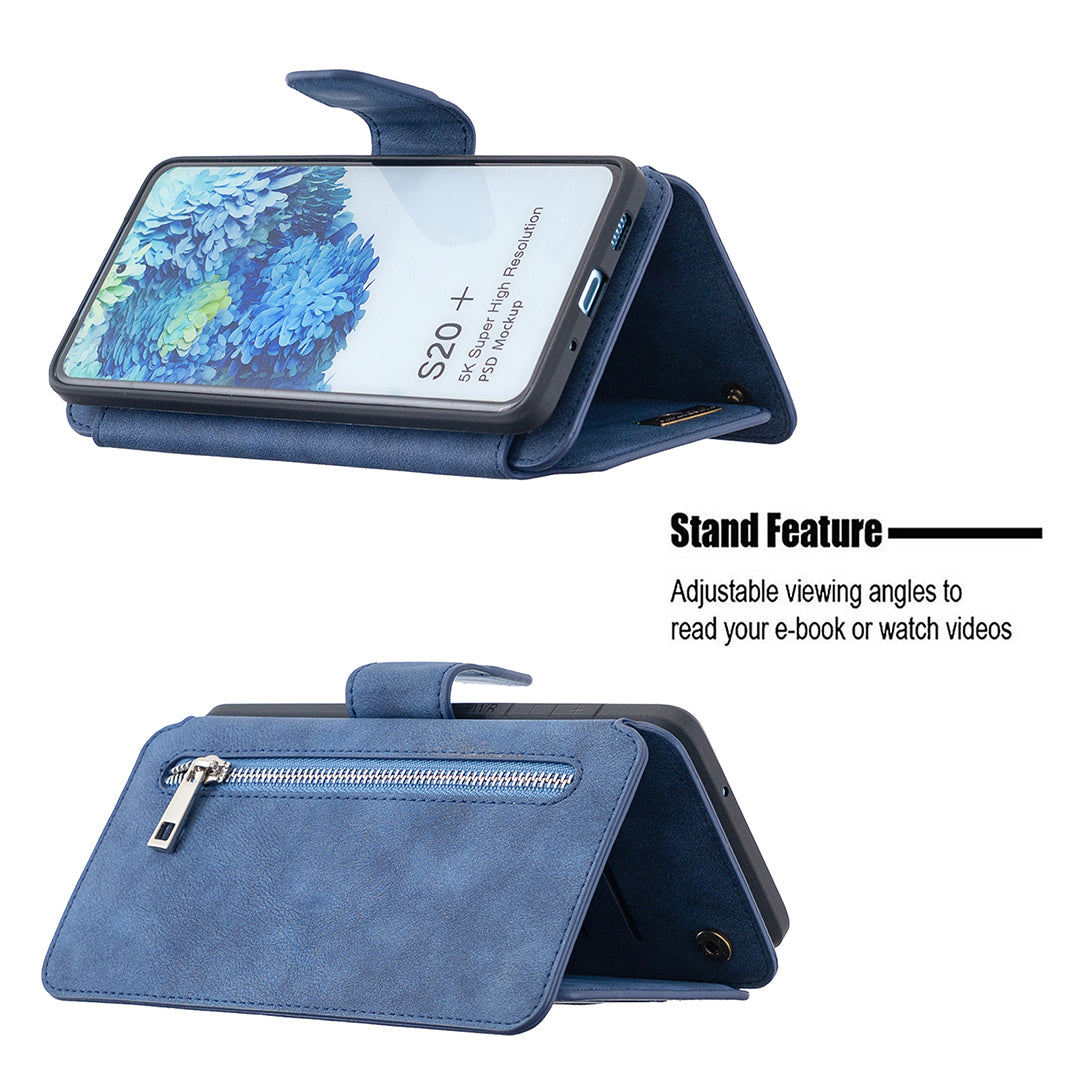 BF07 Detachable Matte Finish Leather Wallet Phone Cover with Zippered Pocket for Samsung Galaxy S20 Plus / S20 Plus 5G - Blue