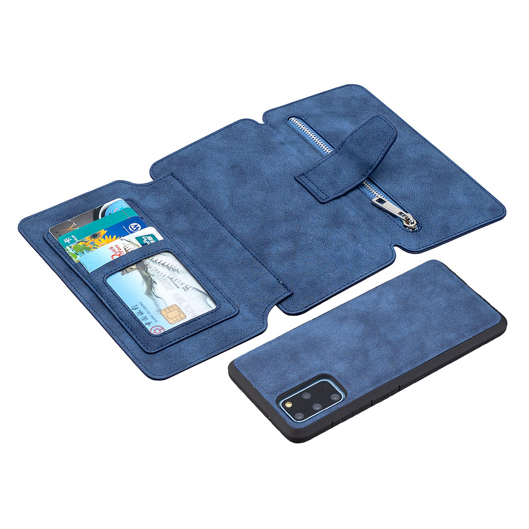 BF07 Detachable Matte Finish Leather Wallet Phone Cover with Zippered Pocket for Samsung Galaxy S20 Plus / S20 Plus 5G - Blue
