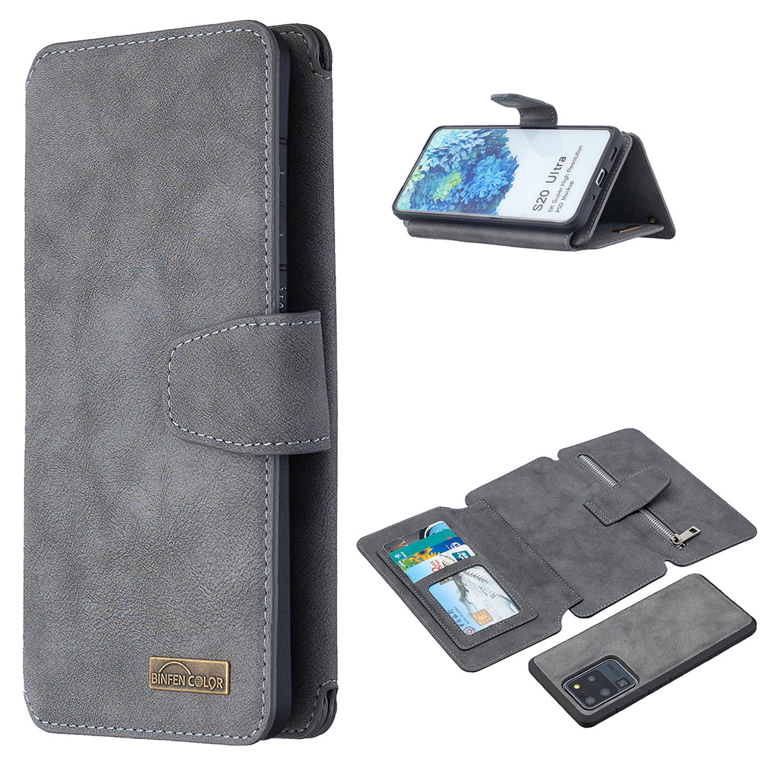 BF07 Detachable Matte Finish Leather Wallet Phone Cover with Zippered Pocket for Samsung Galaxy S20 Ultra - Grey