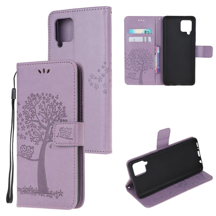 Imprint Tree Owl Leather Wallet Phone Case for Samsung Galaxy A42 5G - Light Purple