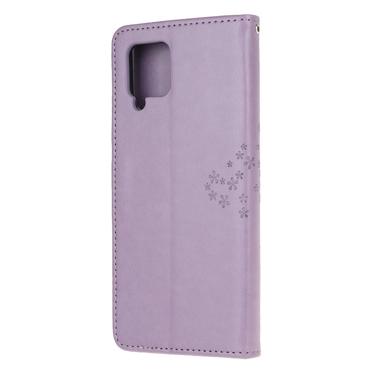 Imprint Tree Owl Leather Wallet Phone Case for Samsung Galaxy A42 5G - Light Purple