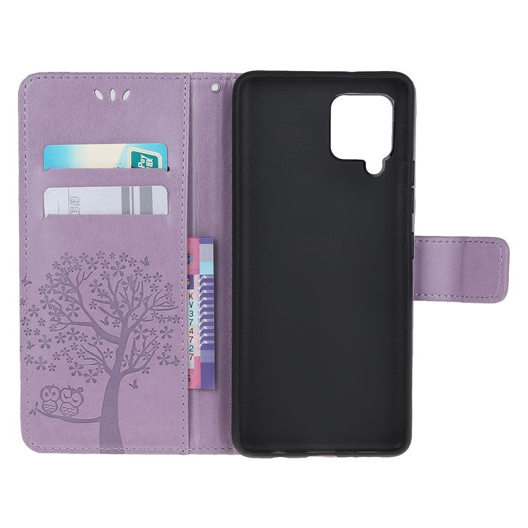 Imprint Tree Owl Leather Wallet Phone Case for Samsung Galaxy A42 5G - Light Purple