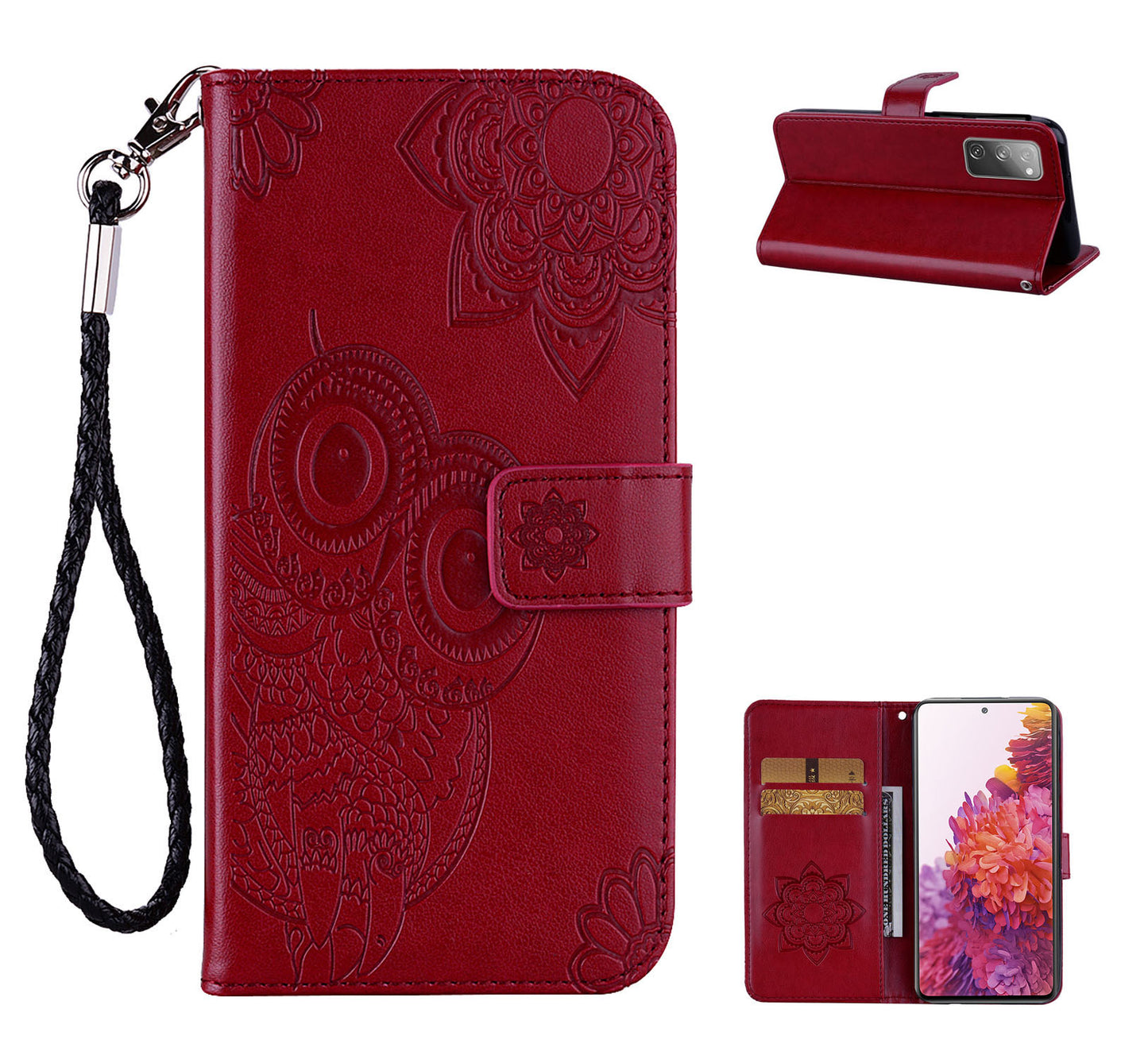 Owl Flower Imprint Leather Cover Mobile Shell for Samsung Galaxy S20 FE/S20 Fan Edition / S20 FE 5G/S20 Fan Edition 5G / S20 Lite - Red