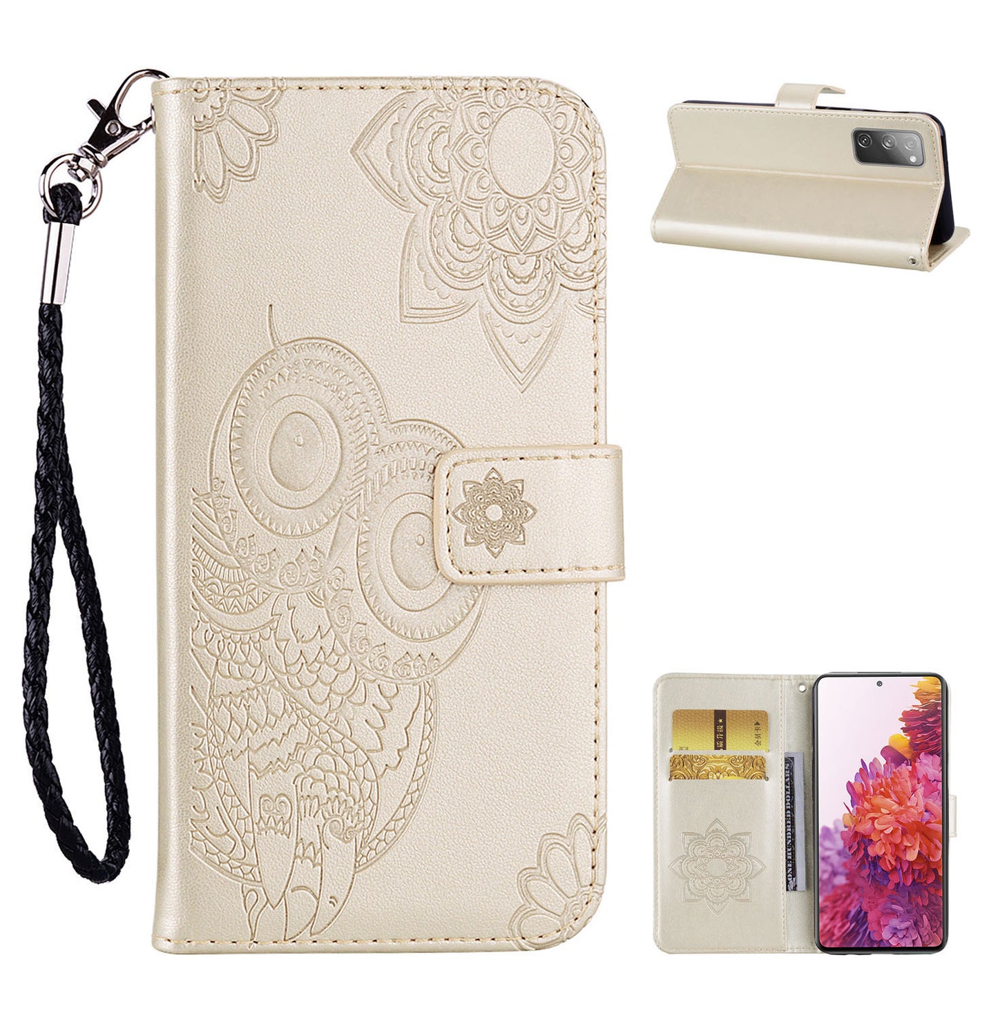 Owl Flower Imprint Leather Cover Mobile Shell for Samsung Galaxy S20 FE/S20 Fan Edition / S20 FE 5G/S20 Fan Edition 5G / S20 Lite - Gold