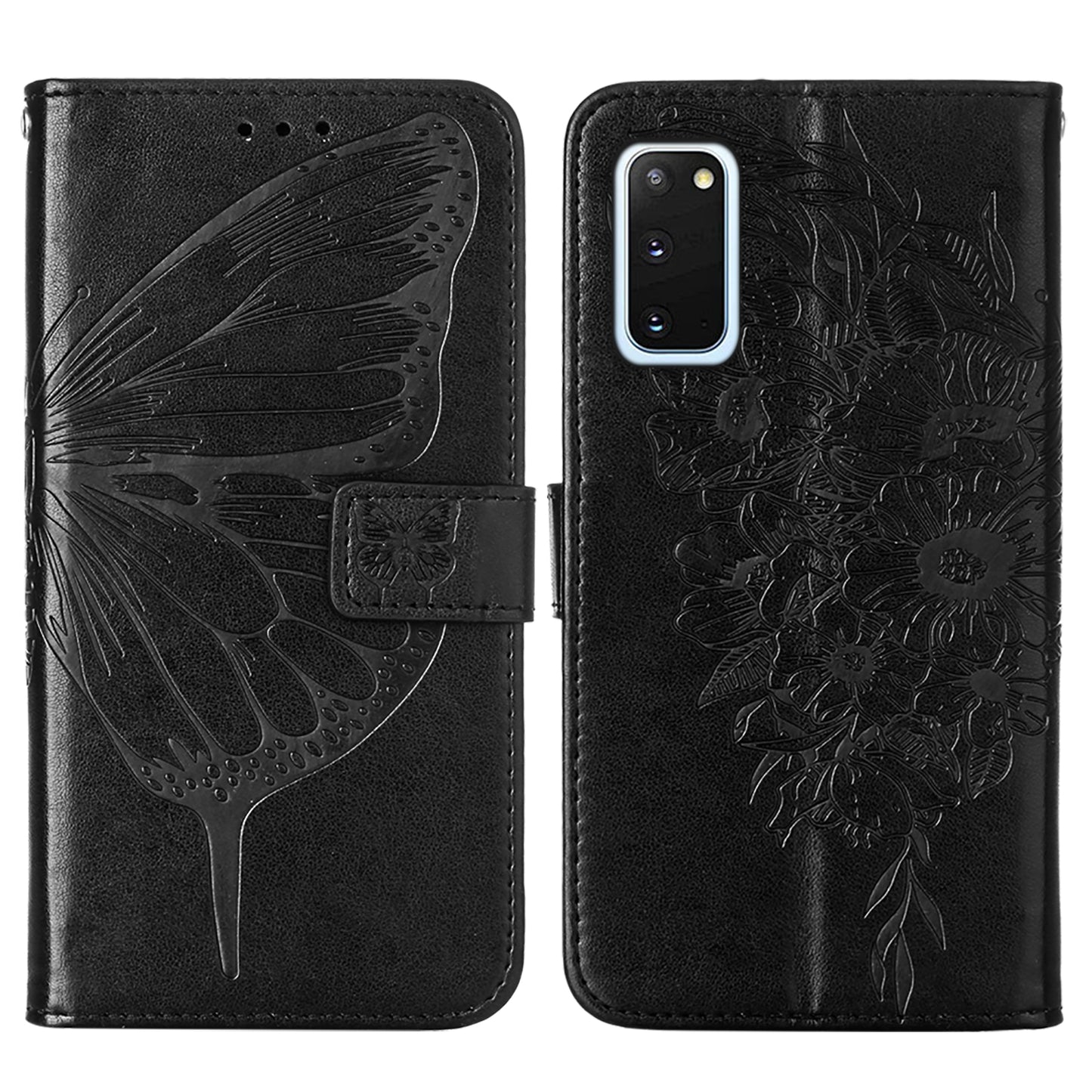 Imprint Butterfly Leather Wallet Stand Case Protective Shell for Samsung Galaxy S20 4G/S20 5G - Black