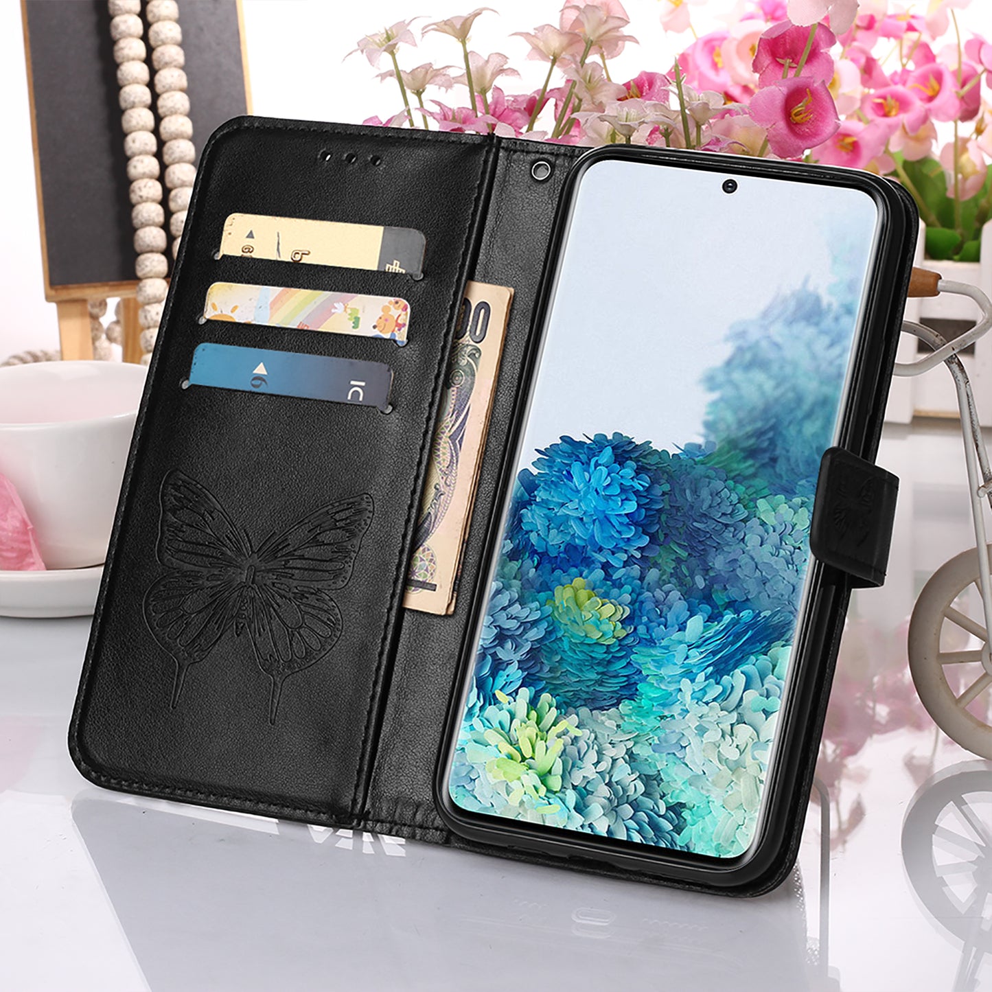 Imprint Butterfly Leather Wallet Stand Case Protective Shell for Samsung Galaxy S20 4G/S20 5G - Black
