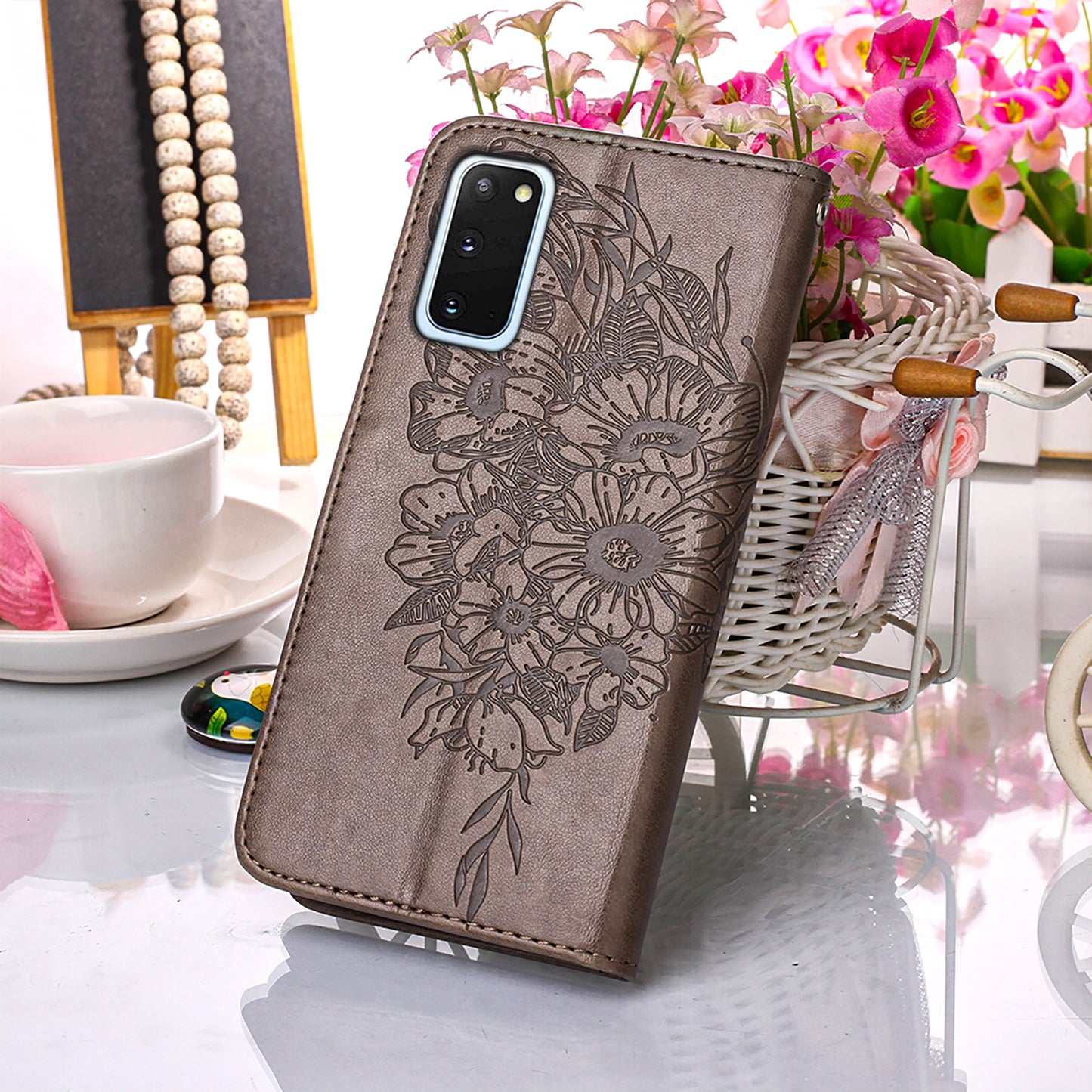 Imprint Butterfly Leather Wallet Stand Case Protective Shell for Samsung Galaxy S20 4G/S20 5G - Grey