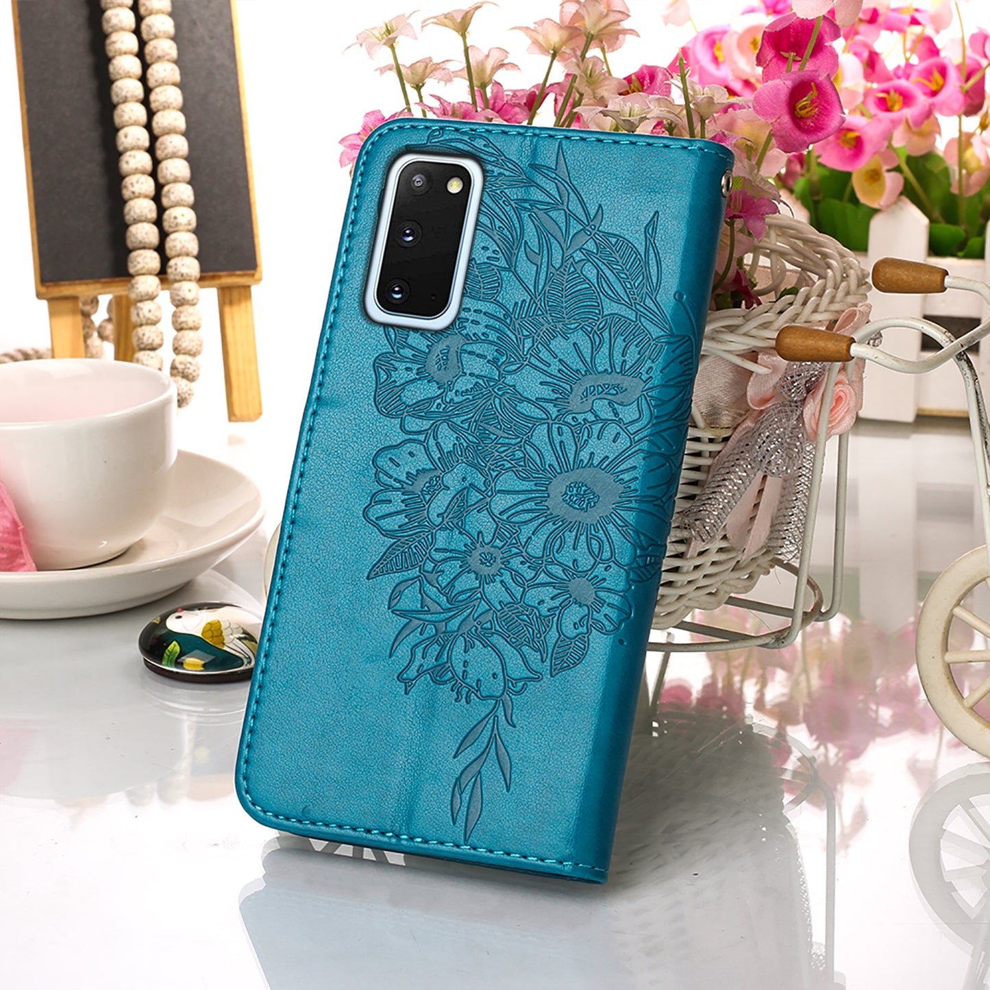 Imprint Butterfly Leather Wallet Stand Case Protective Shell for Samsung Galaxy S20 4G/S20 5G - Blue
