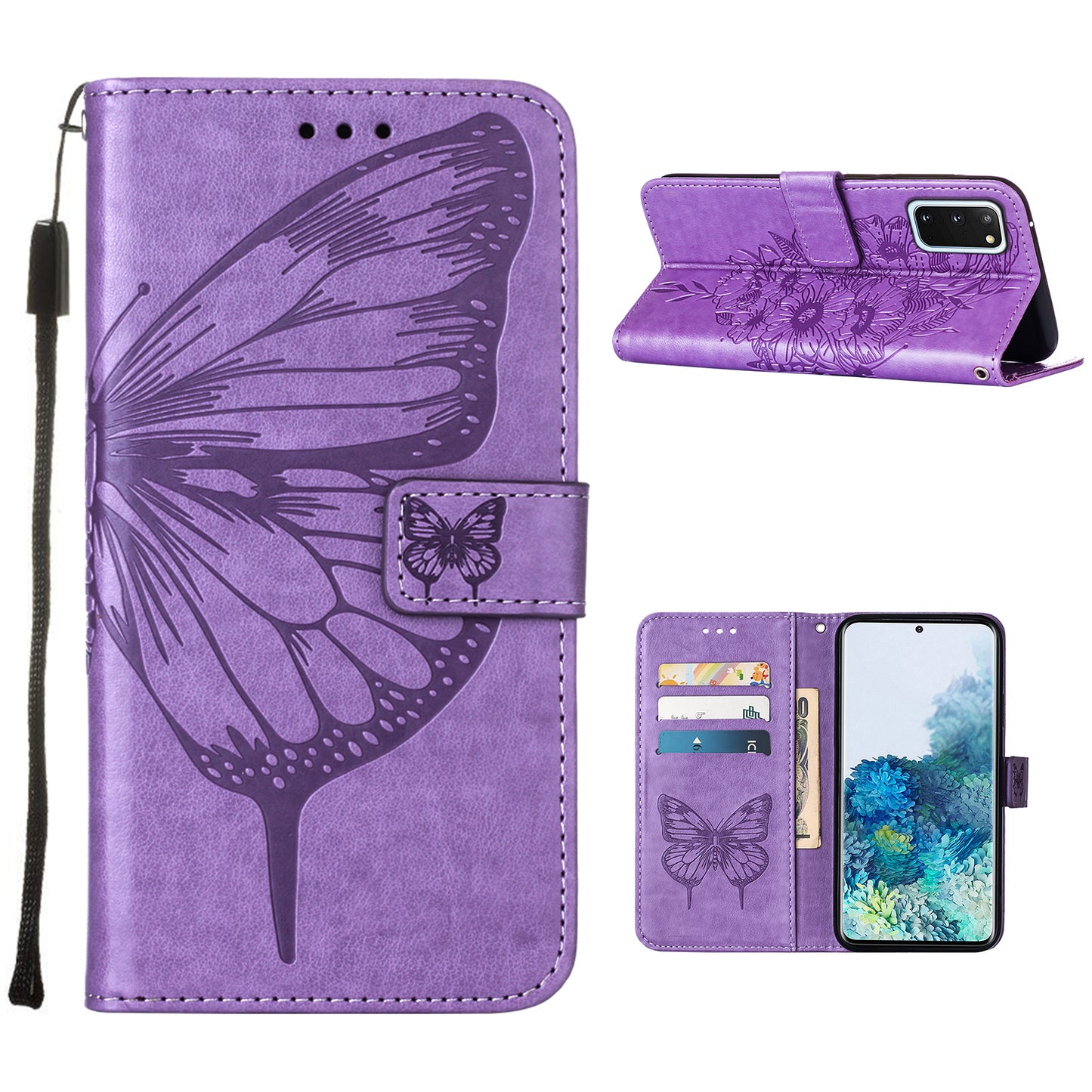 Imprint Butterfly Leather Wallet Stand Case Protective Shell for Samsung Galaxy S20 4G/S20 5G - Light Purple