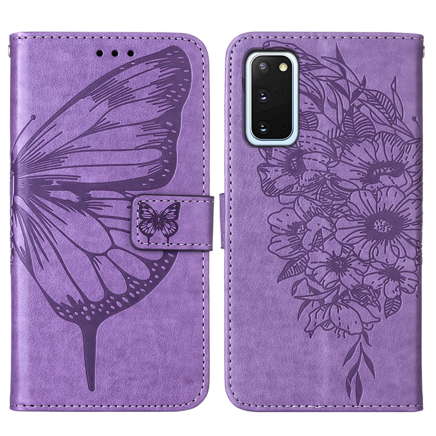 Imprint Butterfly Leather Wallet Stand Case Protective Shell for Samsung Galaxy S20 4G/S20 5G - Light Purple