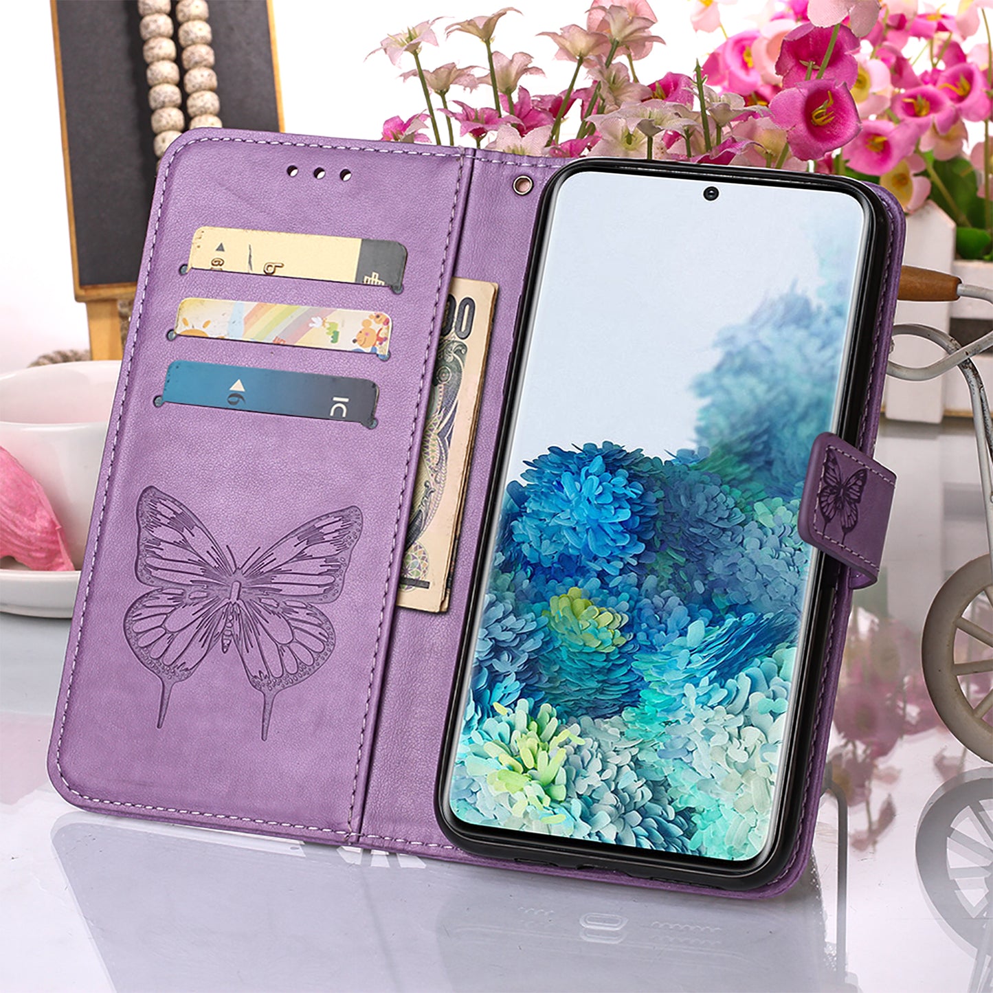 Imprint Butterfly Leather Wallet Stand Case Protective Shell for Samsung Galaxy S20 4G/S20 5G - Light Purple