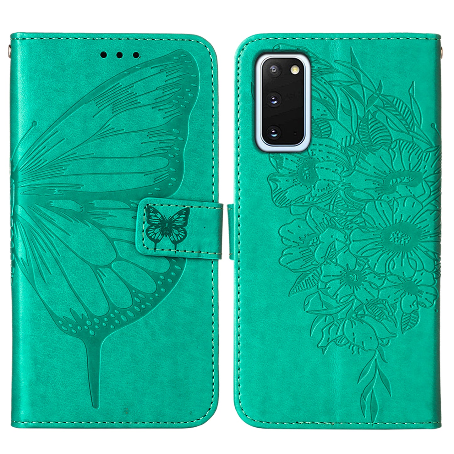 Imprint Butterfly Leather Wallet Stand Case Protective Shell for Samsung Galaxy S20 4G/S20 5G - Cyan