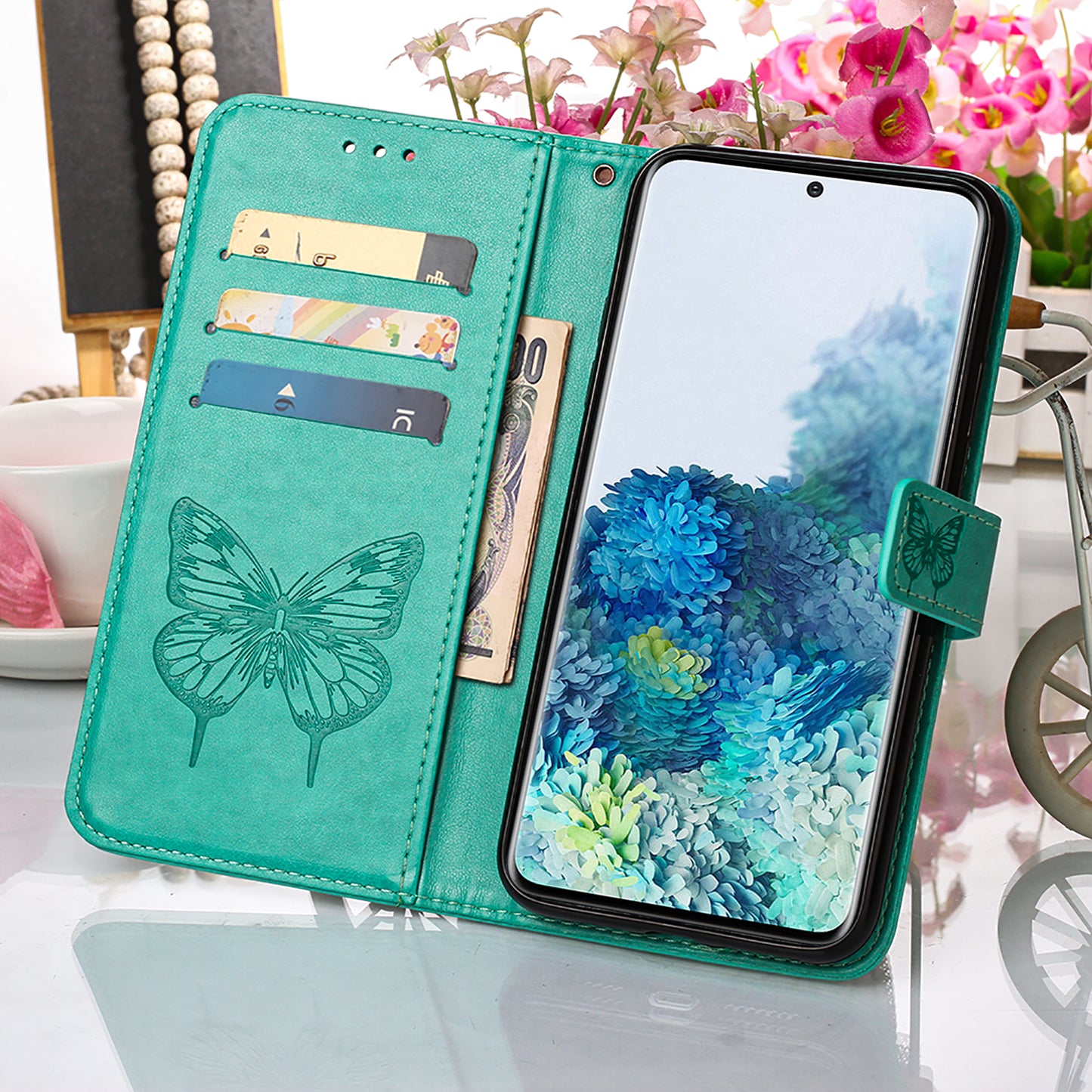 Imprint Butterfly Leather Wallet Stand Case Protective Shell for Samsung Galaxy S20 4G/S20 5G - Cyan