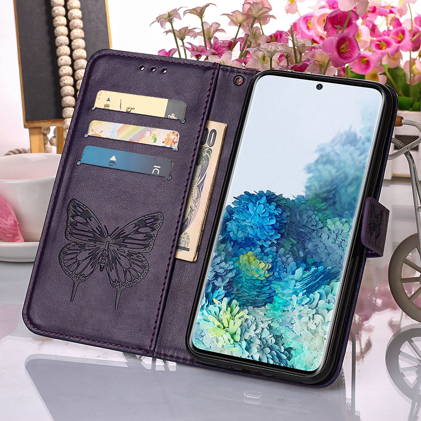 Imprint Butterfly Leather Wallet Stand Case Protective Shell for Samsung Galaxy S20 4G/S20 5G - Dark Purple