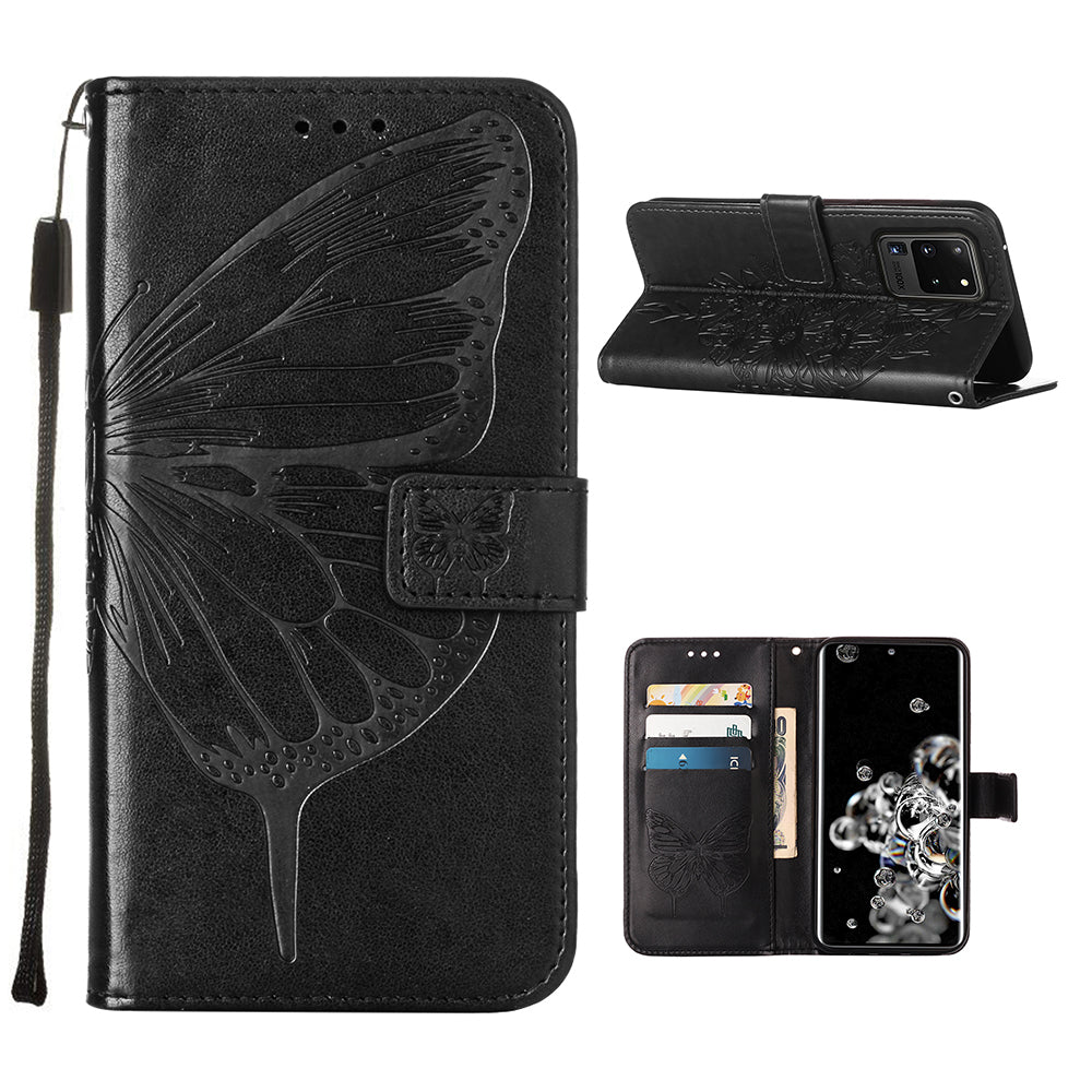 Imprint Butterfly Leather Wallet Stand Case Protective Shell for Samsung Galaxy S20 Ultra - Black