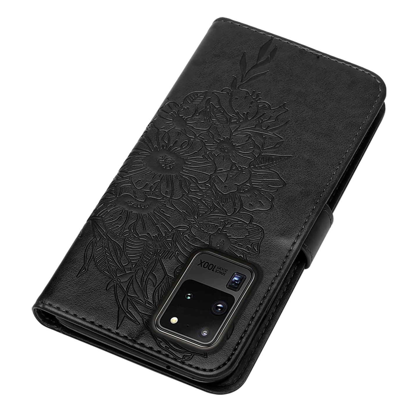 Imprint Butterfly Leather Wallet Stand Case Protective Shell for Samsung Galaxy S20 Ultra - Black