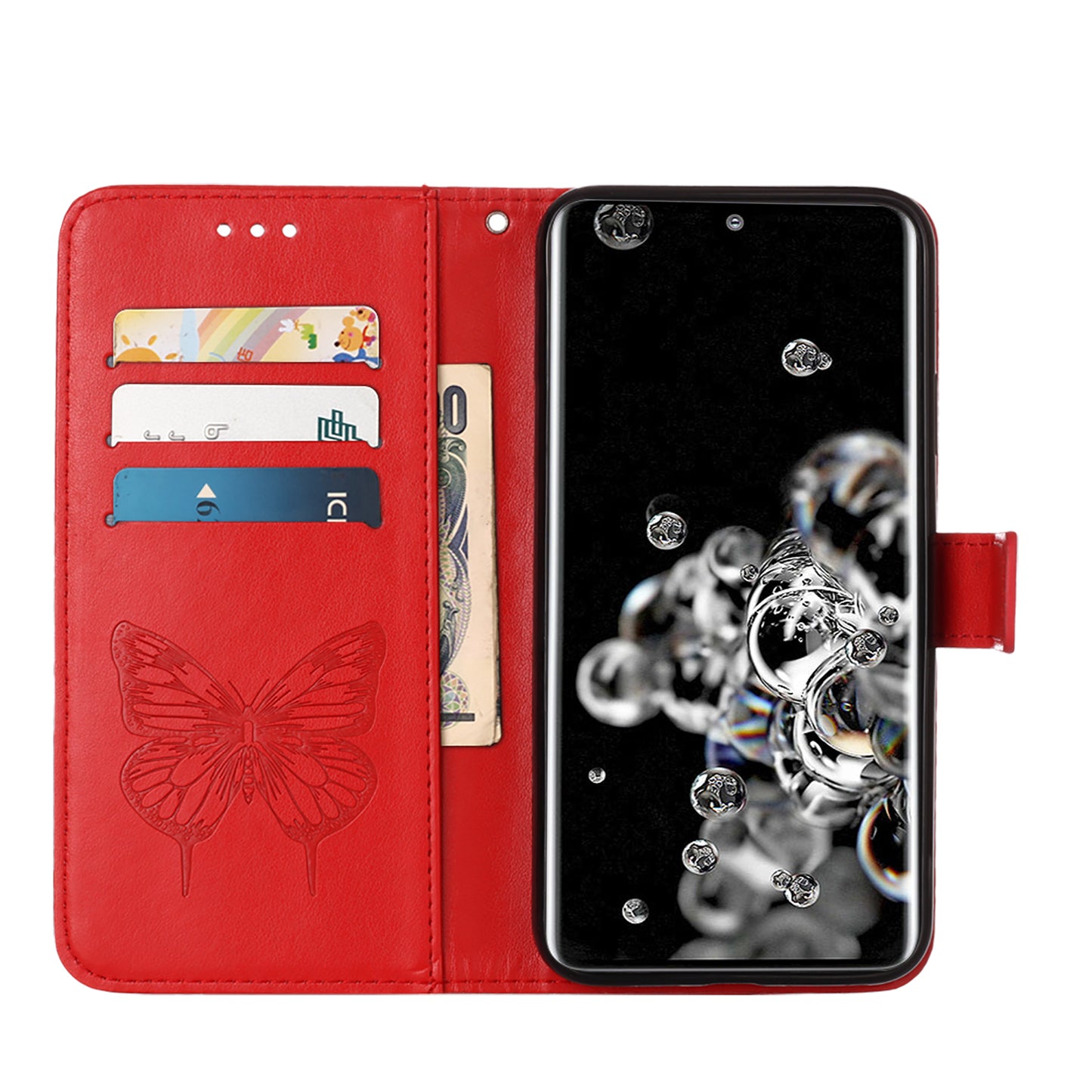 Imprint Butterfly Leather Wallet Stand Case Protective Shell for Samsung Galaxy S20 Ultra - Red