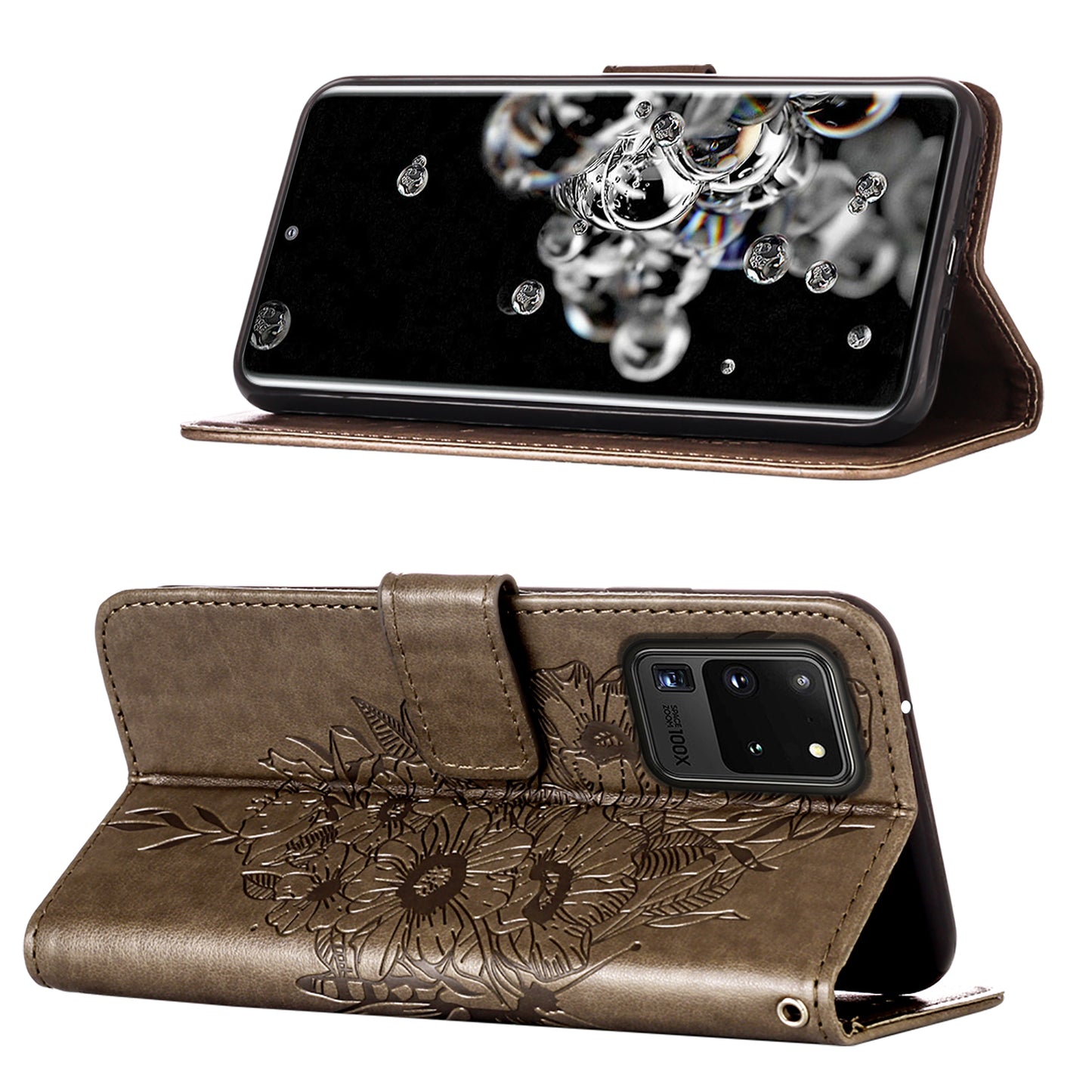 Imprint Butterfly Leather Wallet Stand Case Protective Shell for Samsung Galaxy S20 Ultra - Grey