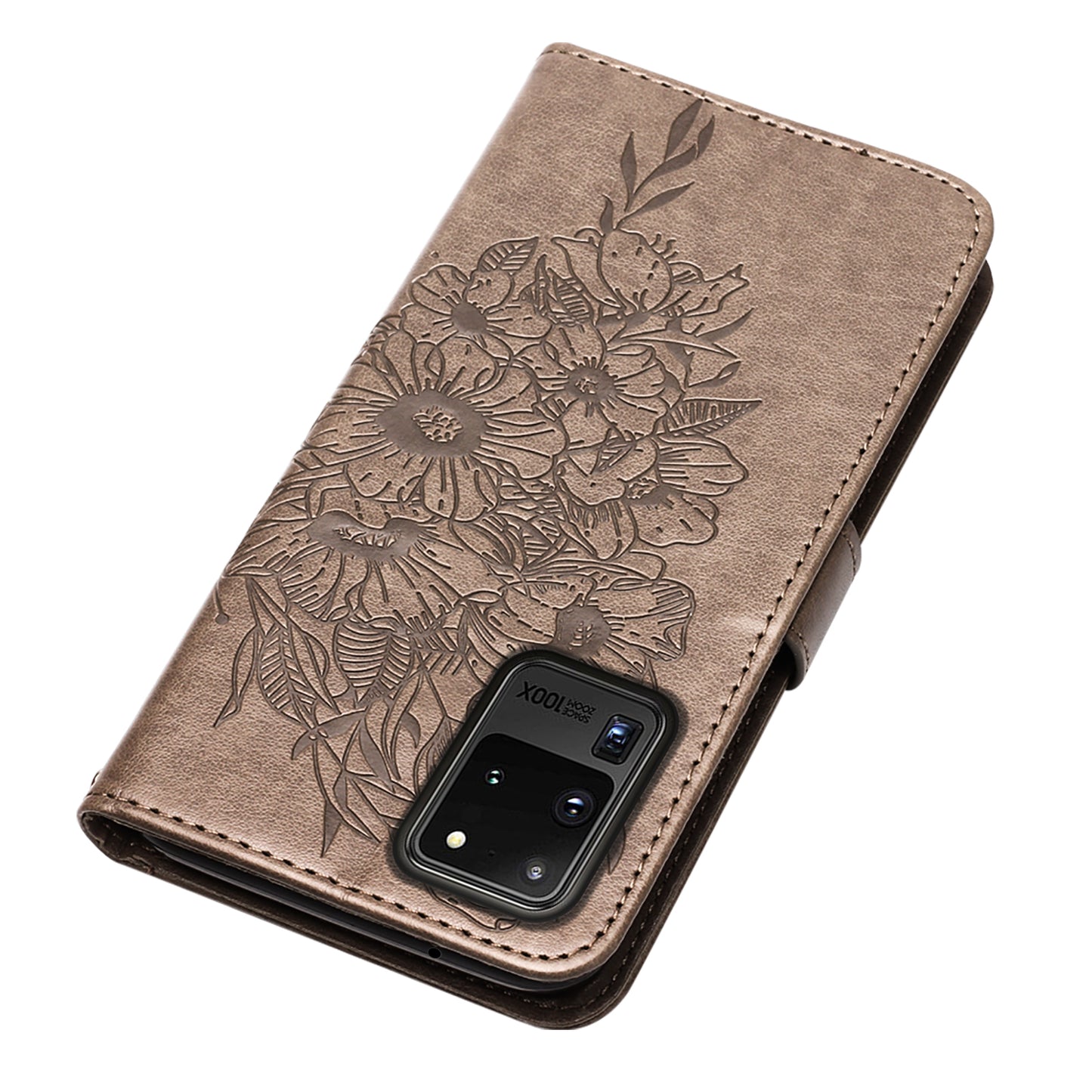 Imprint Butterfly Leather Wallet Stand Case Protective Shell for Samsung Galaxy S20 Ultra - Grey
