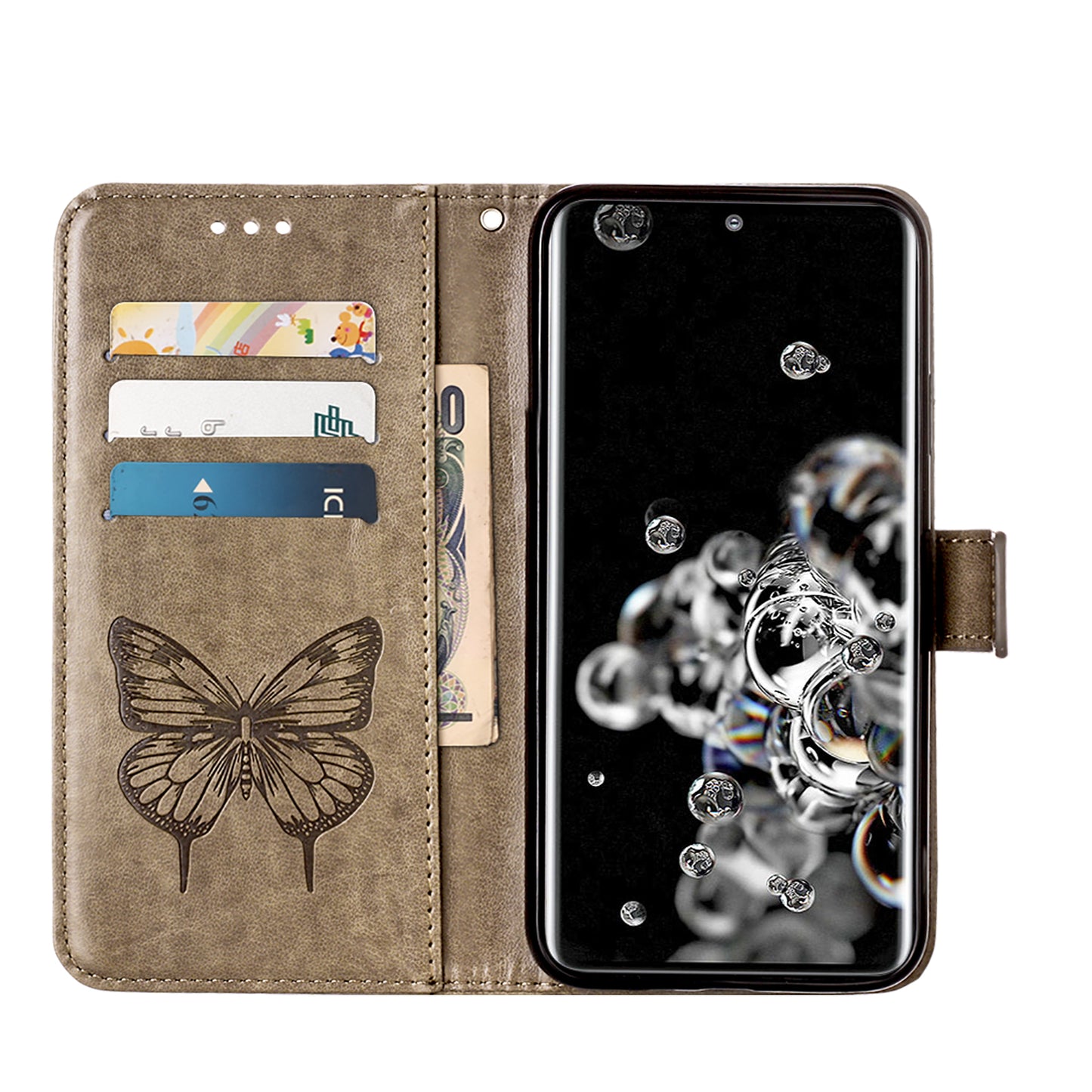 Imprint Butterfly Leather Wallet Stand Case Protective Shell for Samsung Galaxy S20 Ultra - Grey