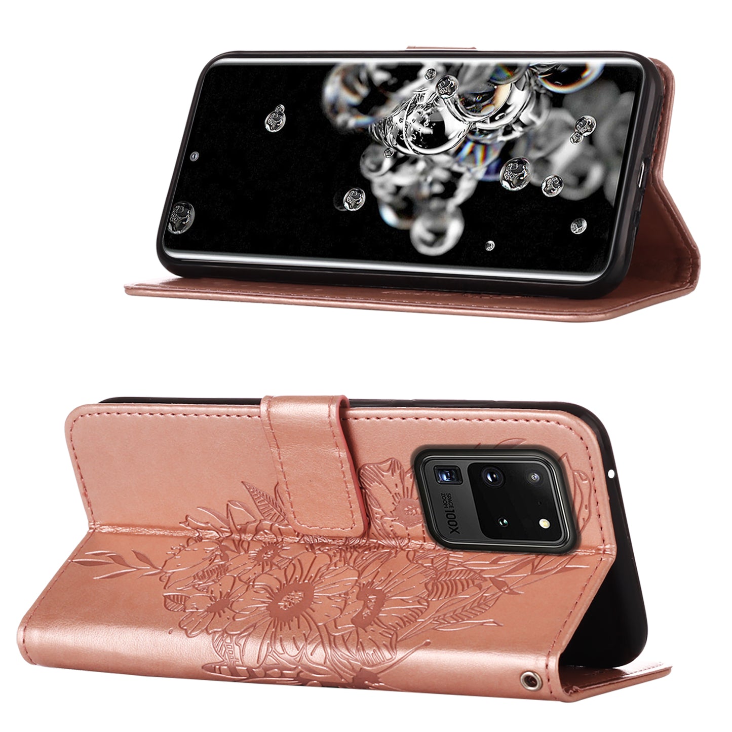 Imprint Butterfly Leather Wallet Stand Case Protective Shell for Samsung Galaxy S20 Ultra - Rose Gold