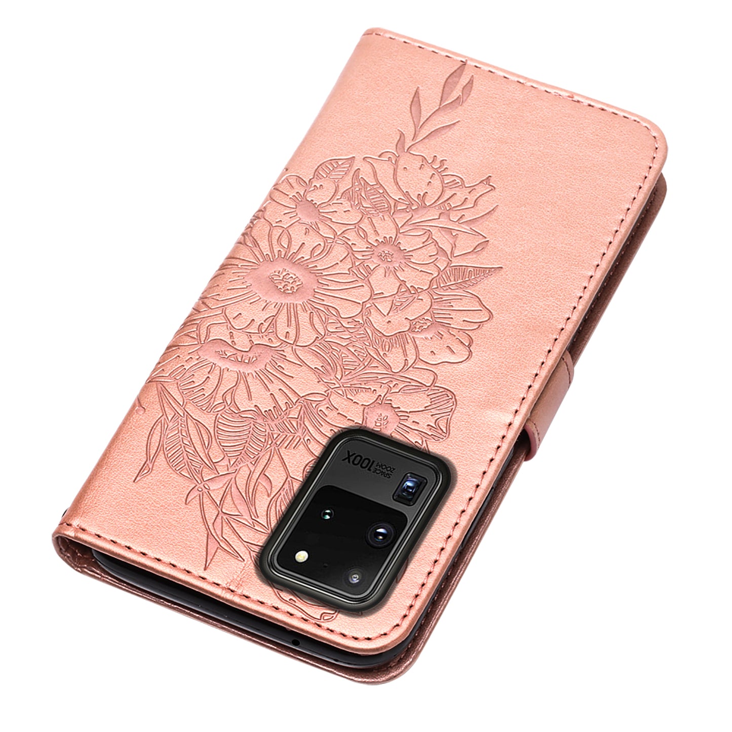 Imprint Butterfly Leather Wallet Stand Case Protective Shell for Samsung Galaxy S20 Ultra - Rose Gold