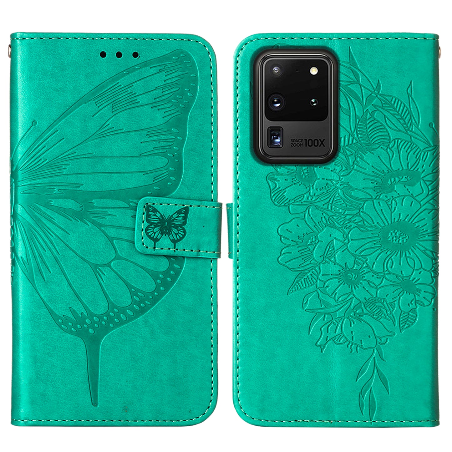 Imprint Butterfly Leather Wallet Stand Case Protective Shell for Samsung Galaxy S20 Ultra - Cyan