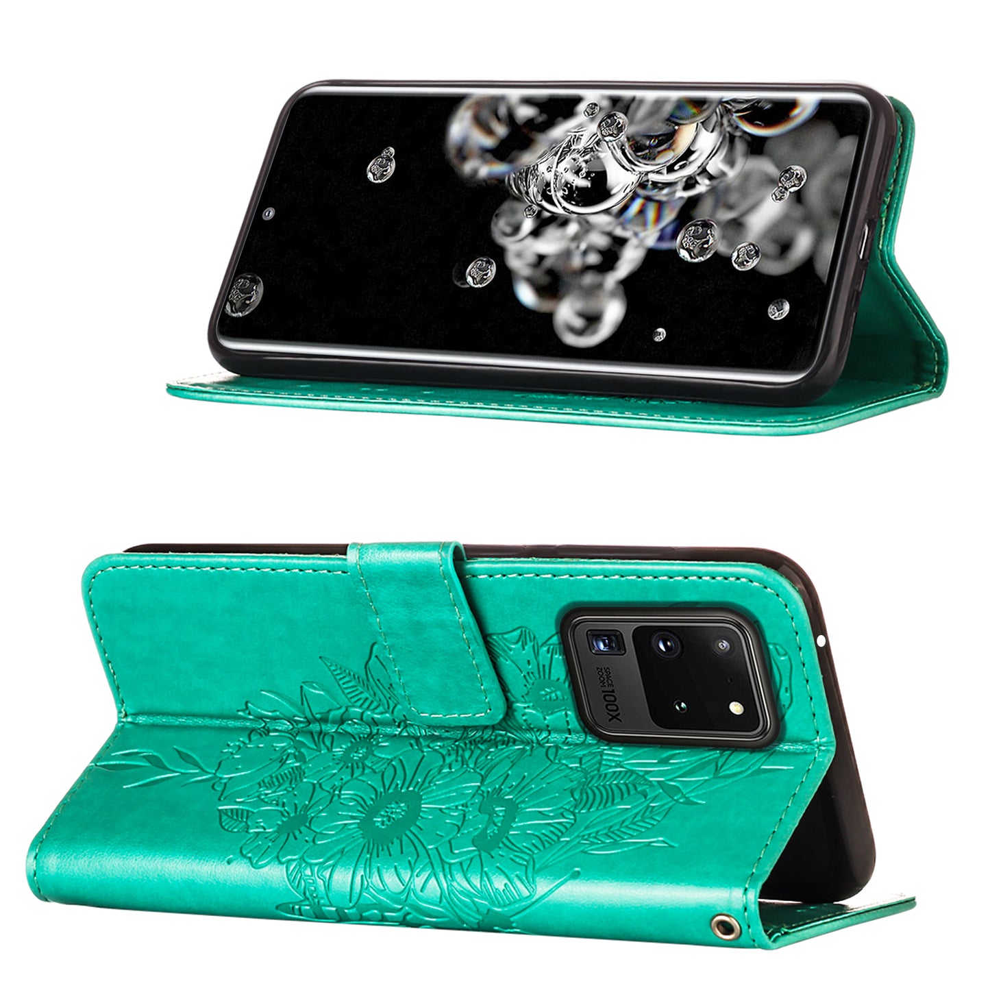 Imprint Butterfly Leather Wallet Stand Case Protective Shell for Samsung Galaxy S20 Ultra - Cyan