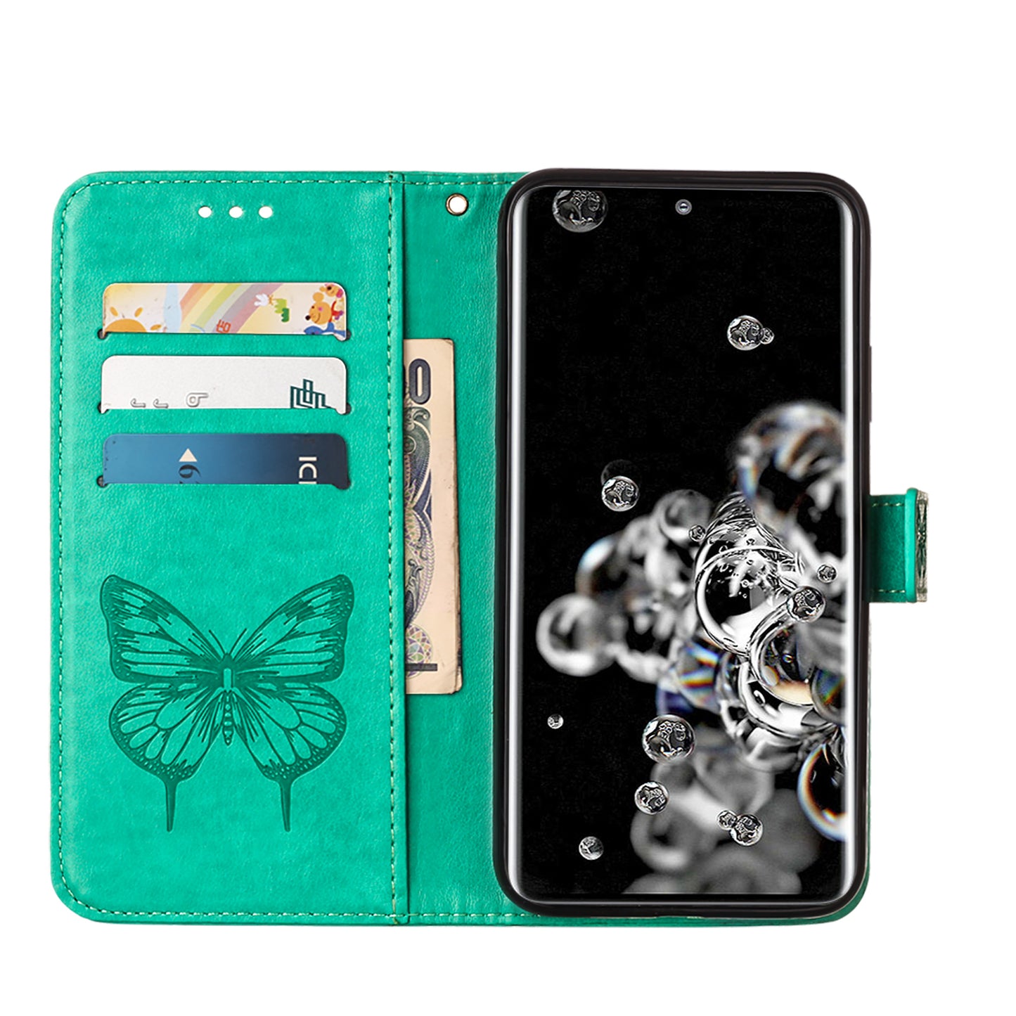 Imprint Butterfly Leather Wallet Stand Case Protective Shell for Samsung Galaxy S20 Ultra - Cyan