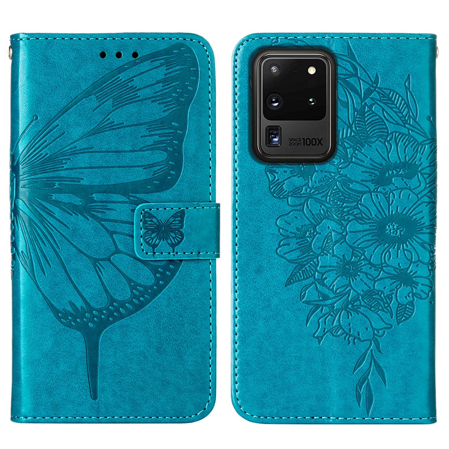 Imprint Butterfly Leather Wallet Stand Case Protective Shell for Samsung Galaxy S20 Ultra - Blue