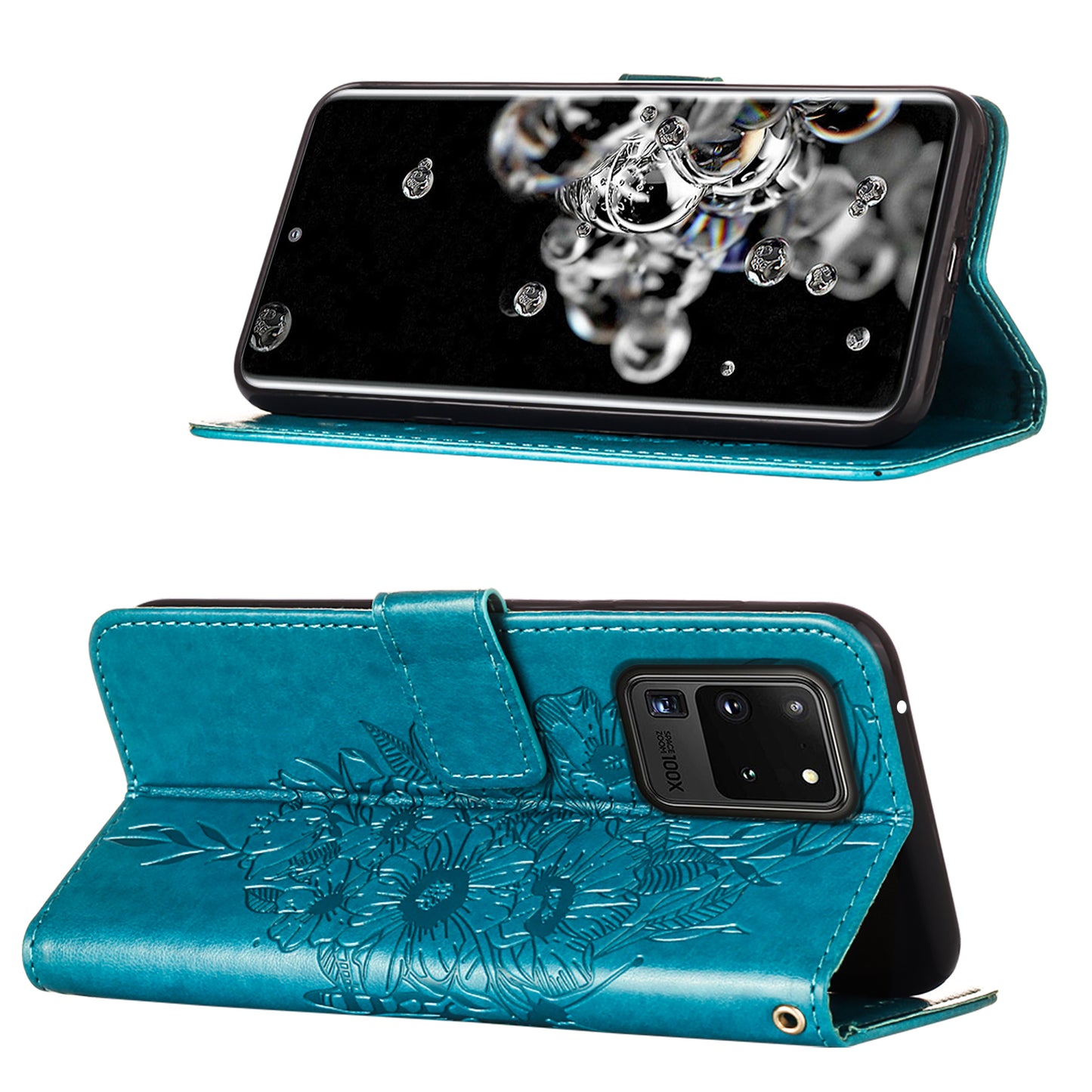 Imprint Butterfly Leather Wallet Stand Case Protective Shell for Samsung Galaxy S20 Ultra - Blue