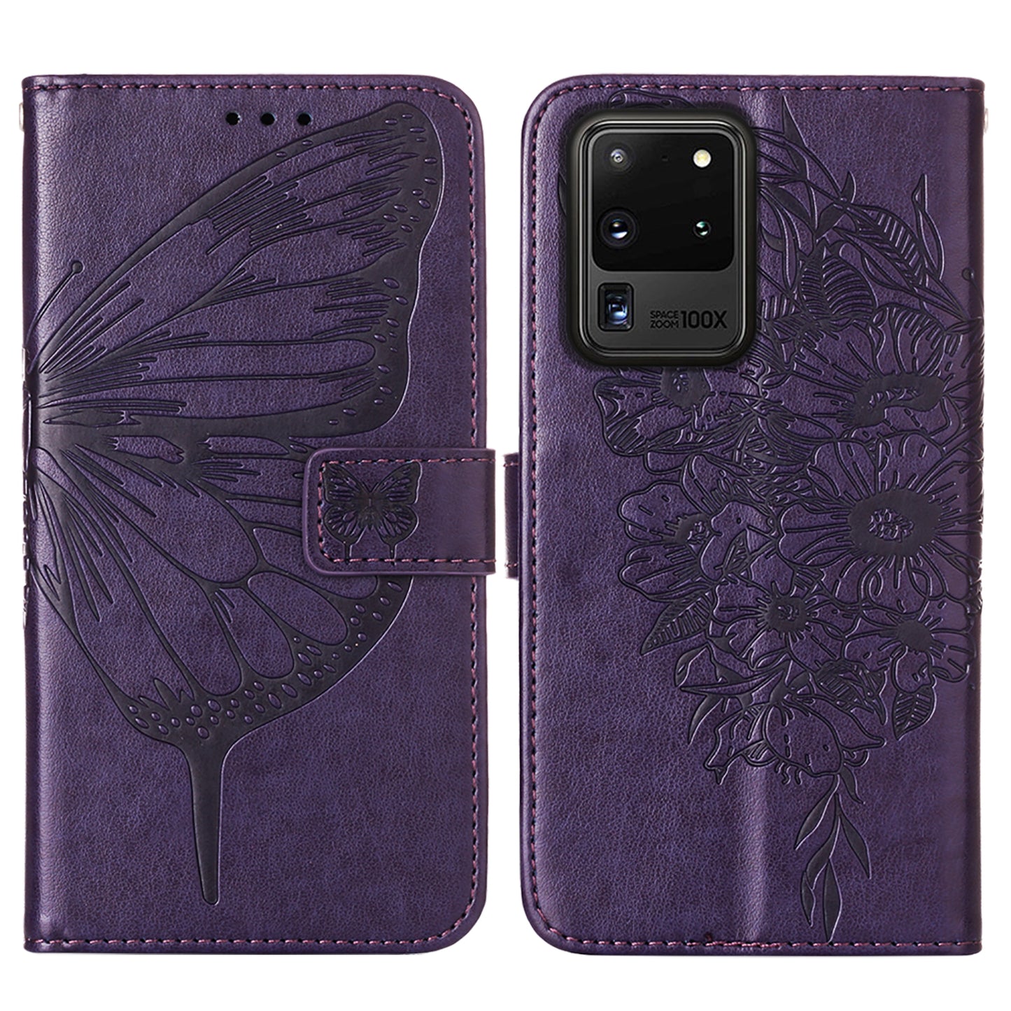 Imprint Butterfly Leather Wallet Stand Case Protective Shell for Samsung Galaxy S20 Ultra - Dark Purple