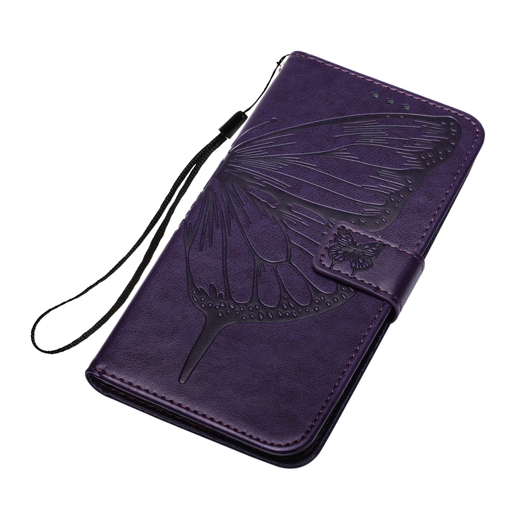 Imprint Butterfly Leather Wallet Stand Case Protective Shell for Samsung Galaxy S20 Ultra - Dark Purple