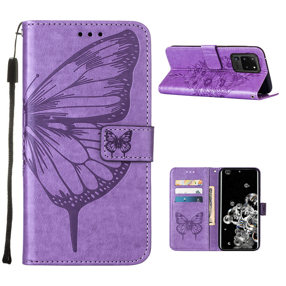 Imprint Butterfly Leather Wallet Stand Case Protective Shell for Samsung Galaxy S20 Ultra - Light Purple
