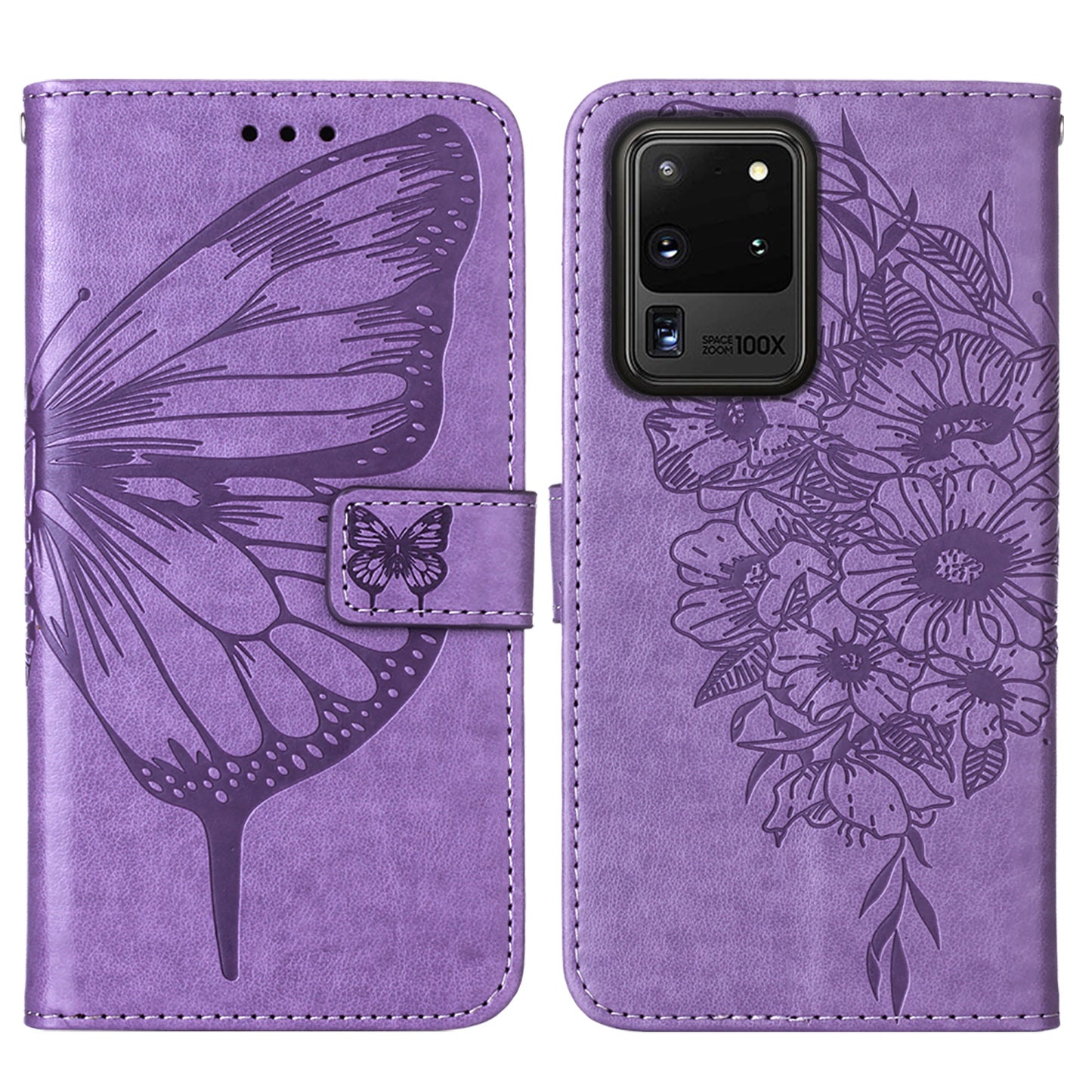 Imprint Butterfly Leather Wallet Stand Case Protective Shell for Samsung Galaxy S20 Ultra - Light Purple