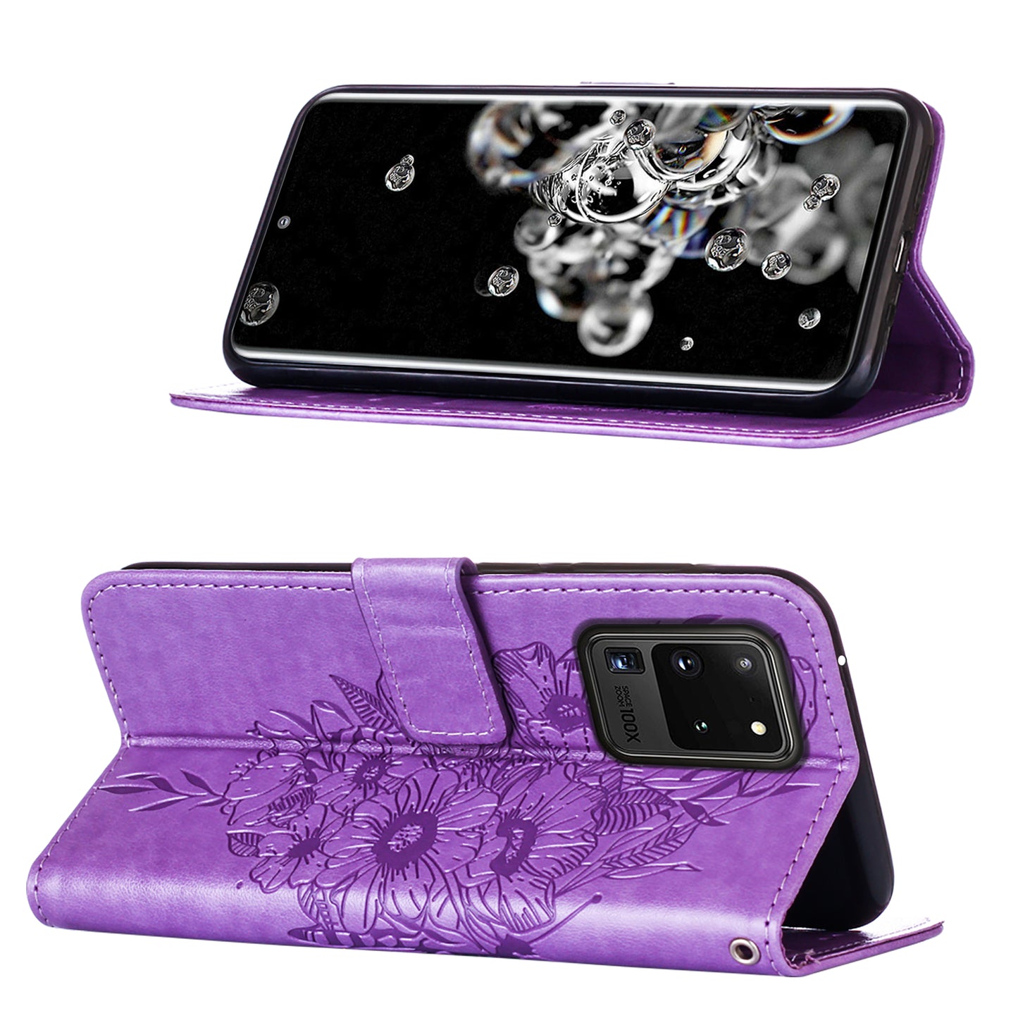 Imprint Butterfly Leather Wallet Stand Case Protective Shell for Samsung Galaxy S20 Ultra - Light Purple
