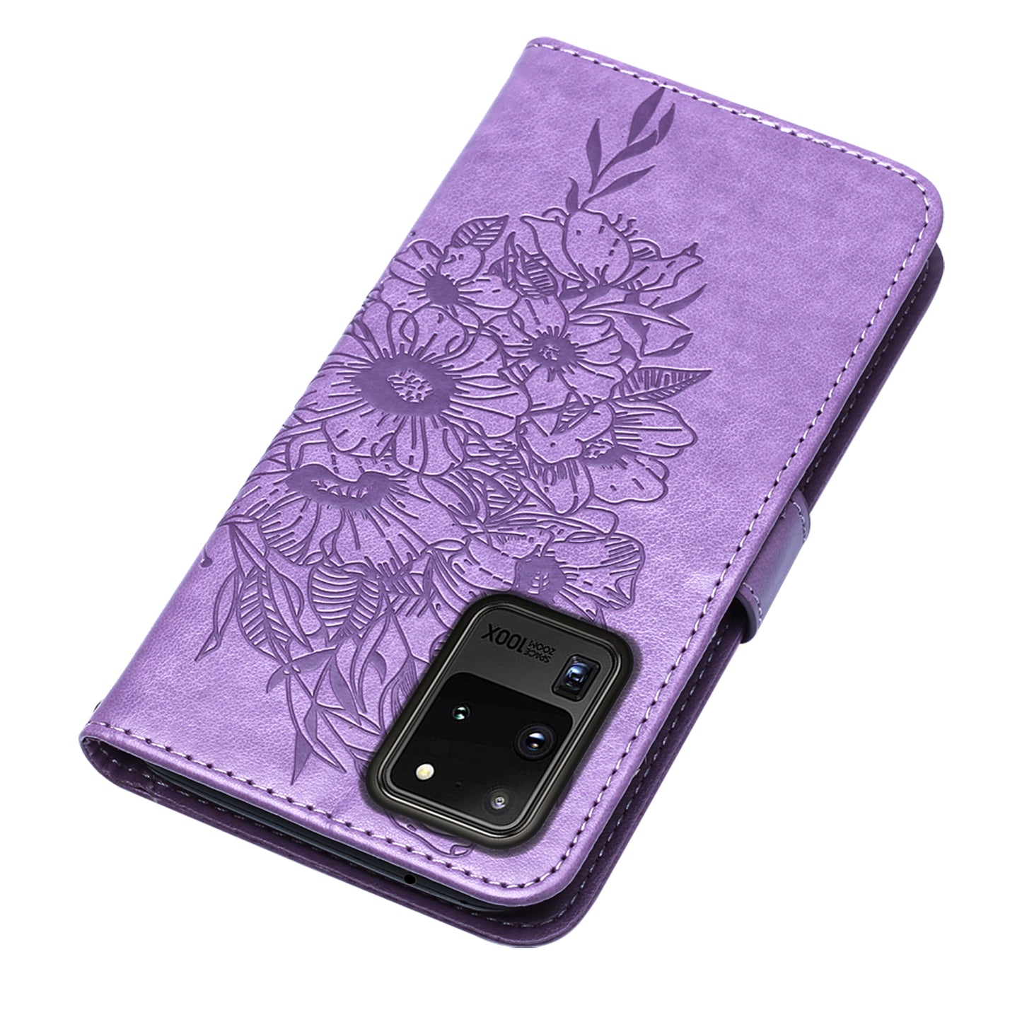 Imprint Butterfly Leather Wallet Stand Case Protective Shell for Samsung Galaxy S20 Ultra - Light Purple
