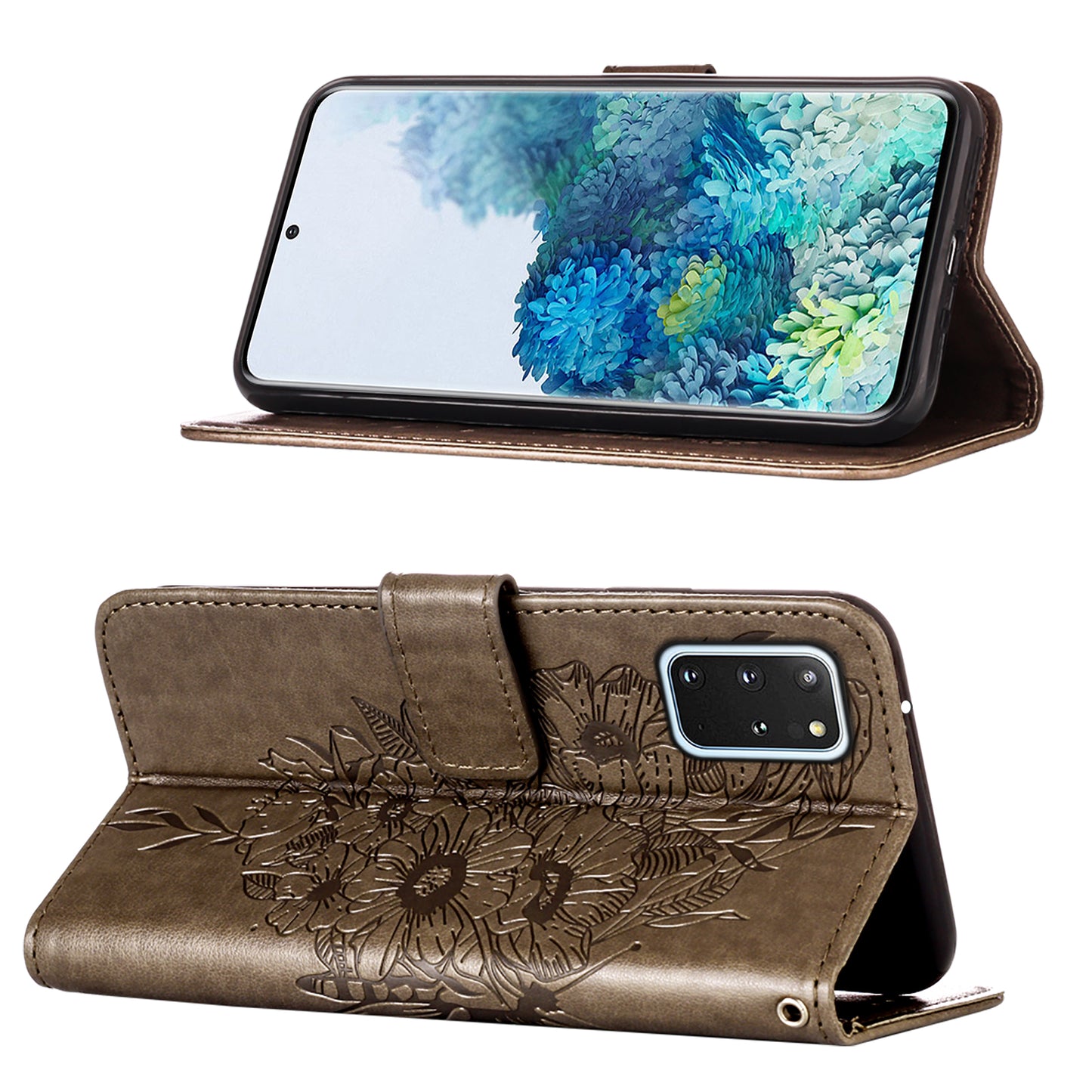 Imprint Butterfly and Flowers Wallet Leather Cell Phone Stand Shell for Samsung Galaxy S20 Plus / S20 Plus 5G - Grey
