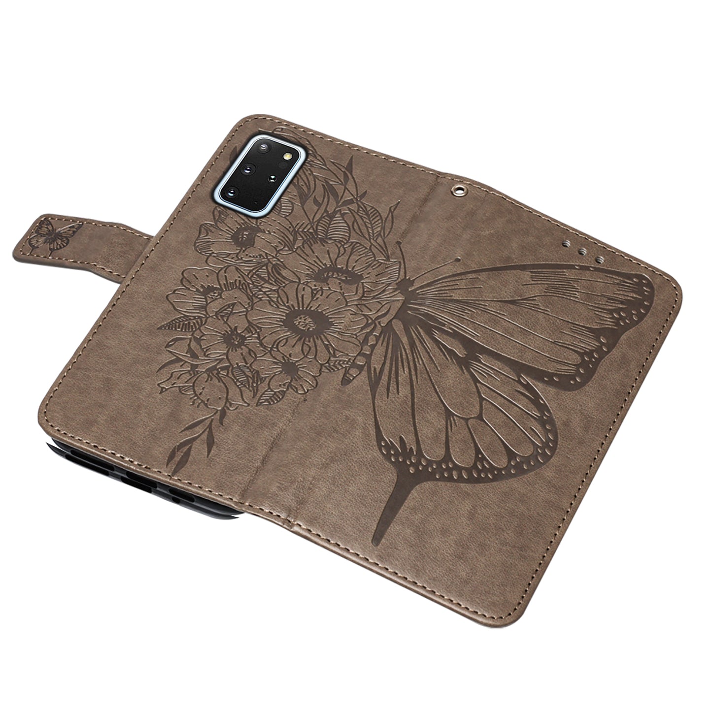 Imprint Butterfly and Flowers Wallet Leather Cell Phone Stand Shell for Samsung Galaxy S20 Plus / S20 Plus 5G - Grey