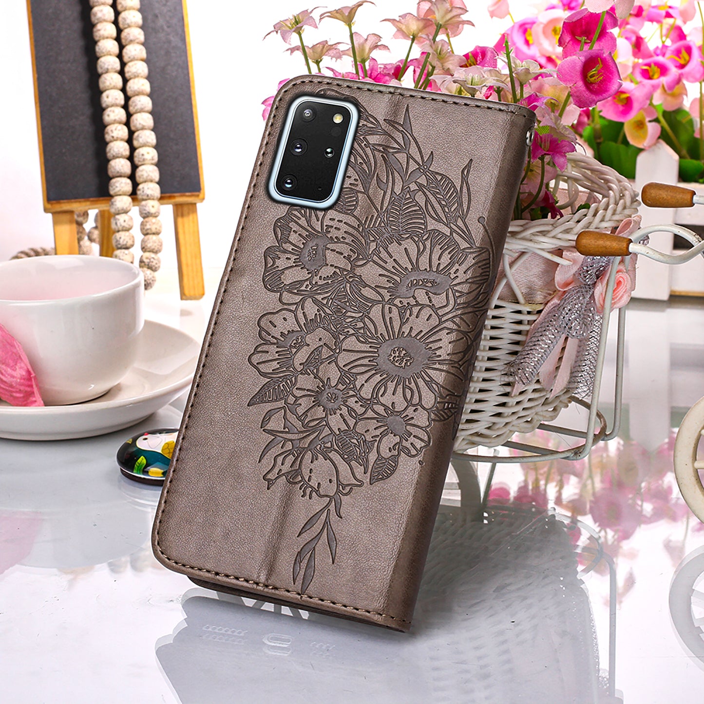 Imprint Butterfly and Flowers Wallet Leather Cell Phone Stand Shell for Samsung Galaxy S20 Plus / S20 Plus 5G - Grey