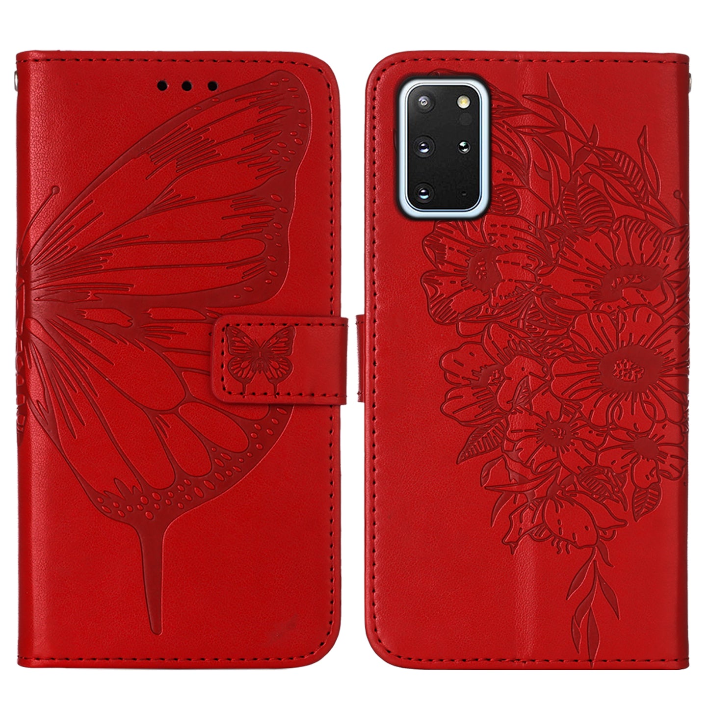 Imprint Butterfly and Flowers Wallet Leather Cell Phone Stand Shell for Samsung Galaxy S20 Plus / S20 Plus 5G - Red