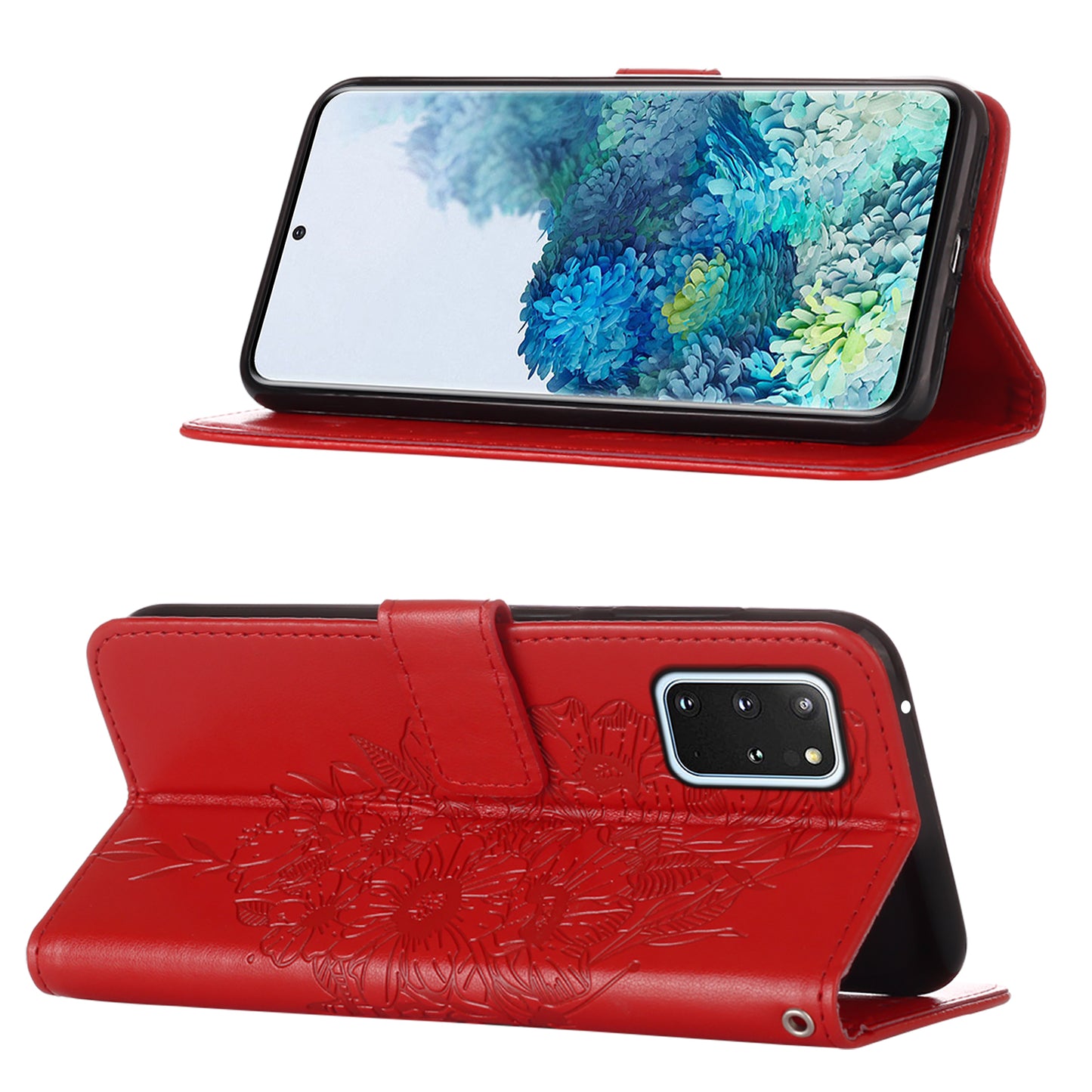 Imprint Butterfly and Flowers Wallet Leather Cell Phone Stand Shell for Samsung Galaxy S20 Plus / S20 Plus 5G - Red
