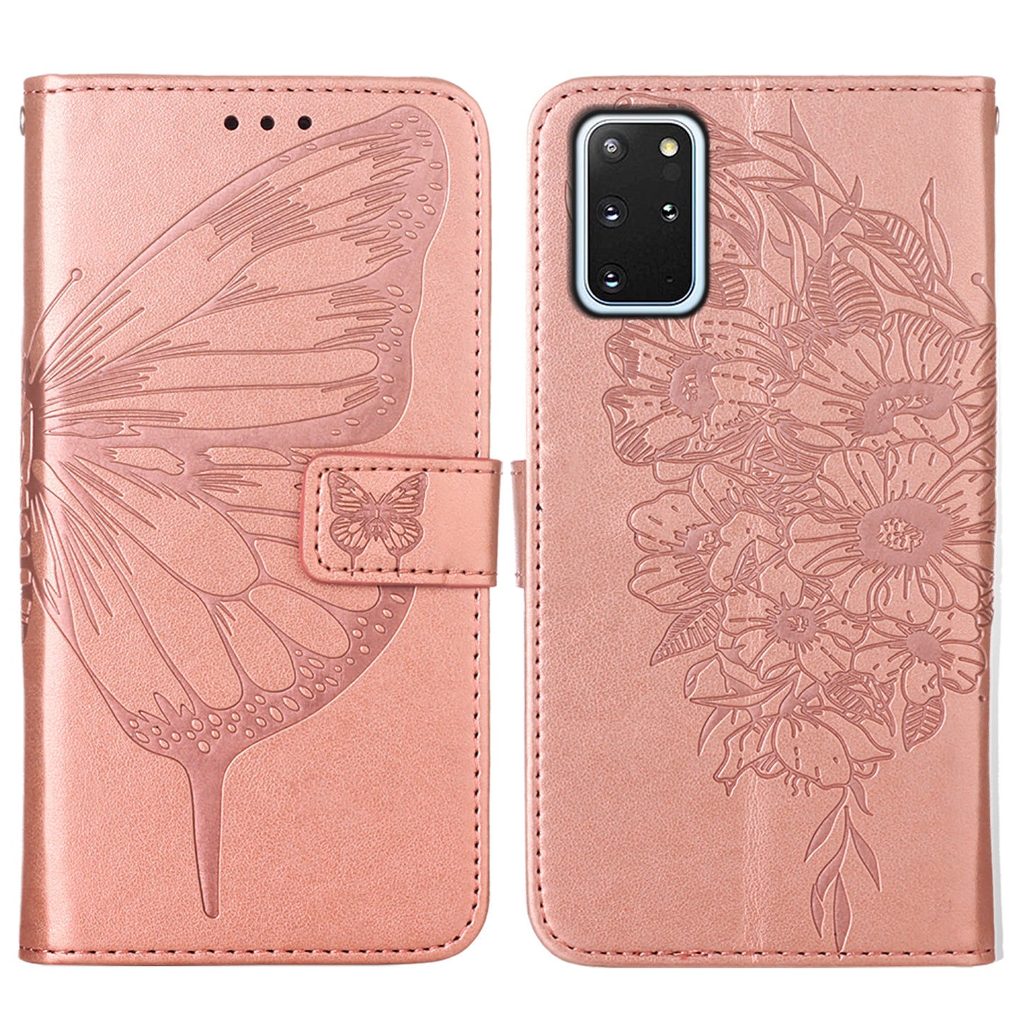 Imprint Butterfly and Flowers Wallet Leather Cell Phone Stand Shell for Samsung Galaxy S20 Plus / S20 Plus 5G - Rose Gold