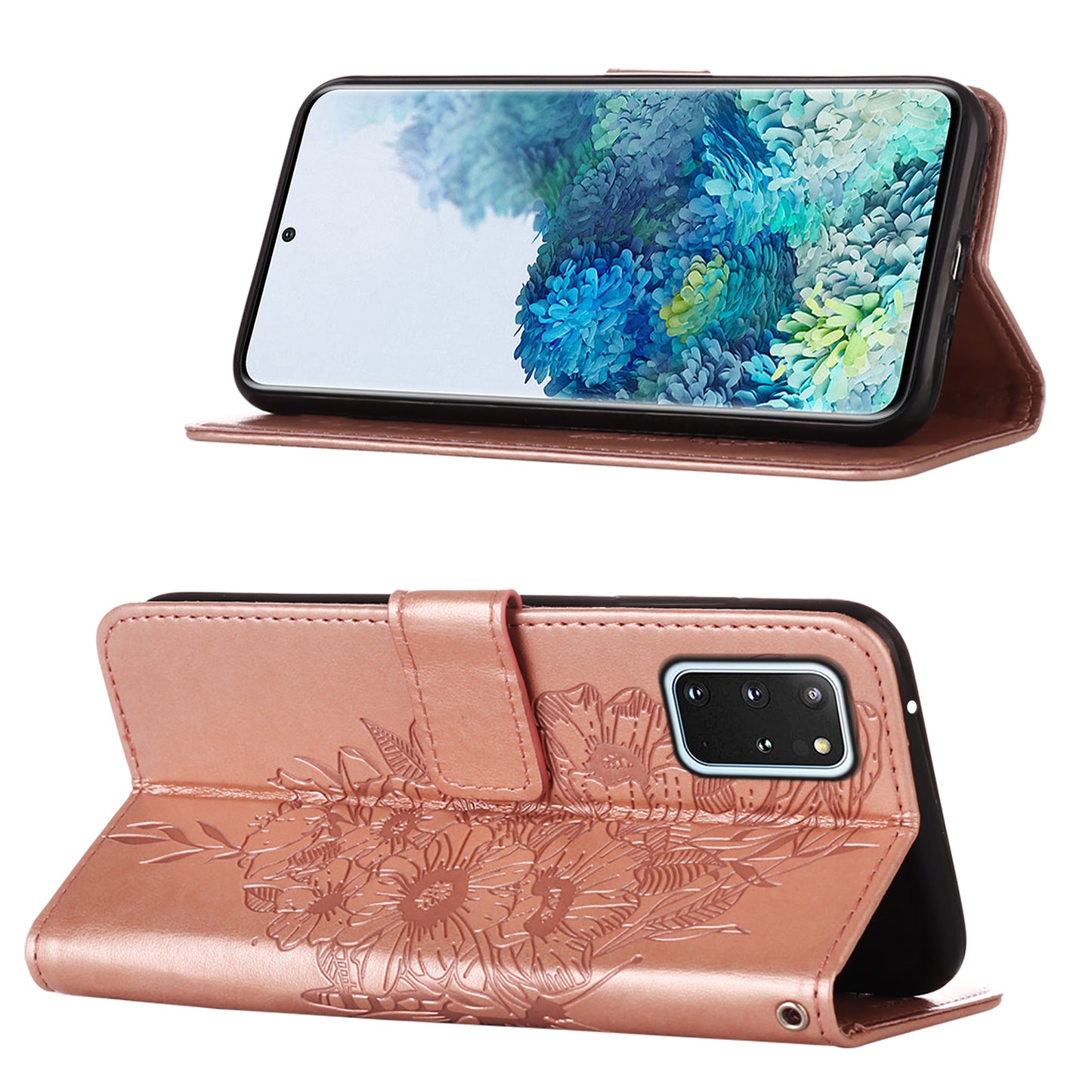 Imprint Butterfly and Flowers Wallet Leather Cell Phone Stand Shell for Samsung Galaxy S20 Plus / S20 Plus 5G - Rose Gold